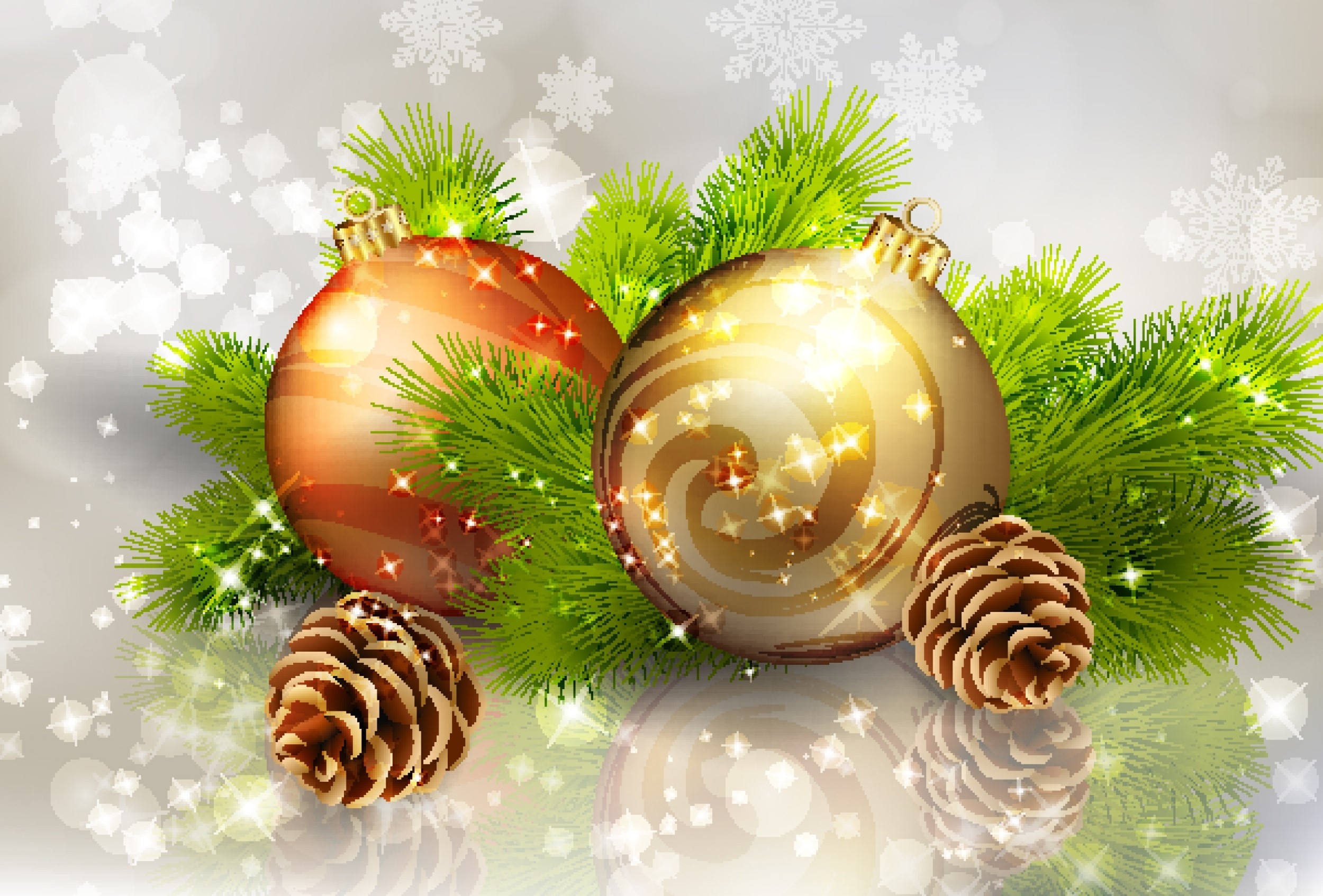 Christmas Ornaments and Pine Cones on Fir Branches HD Wallpaper