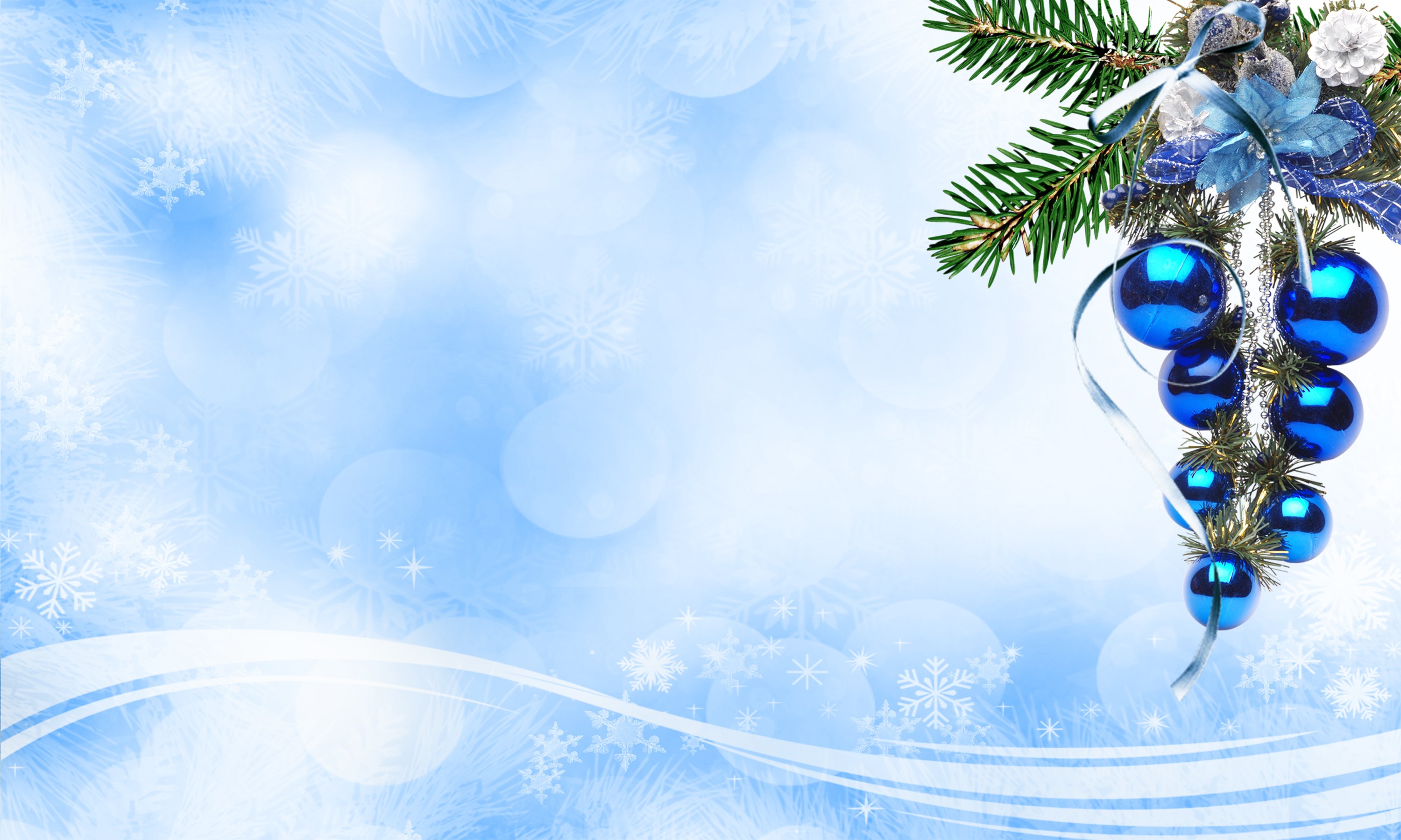Christmas Tree Branch with Blue Ornaments and Snowflakes HD Wallpaper