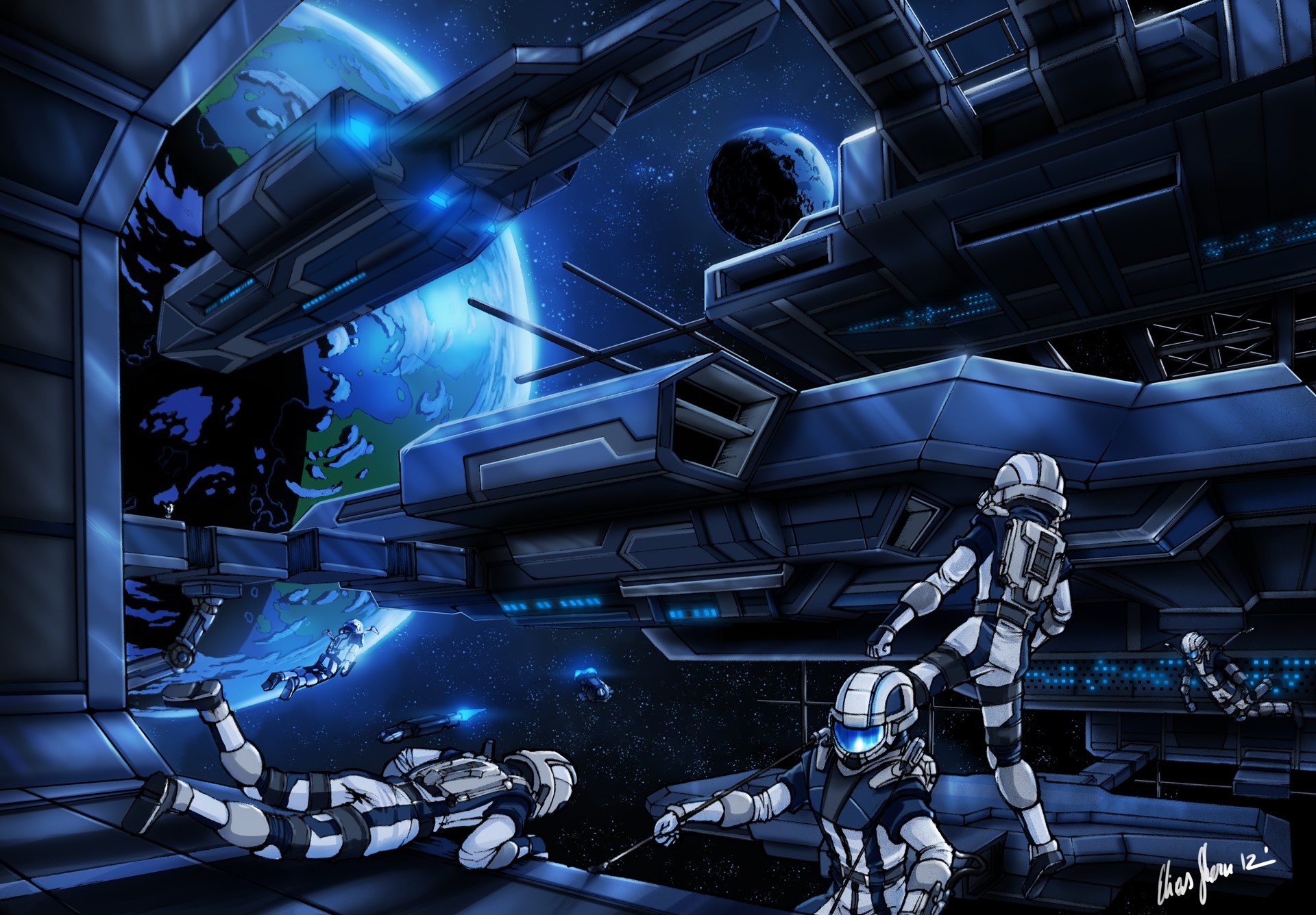 Astronauts in space near a space station and planets HD Wallpaper