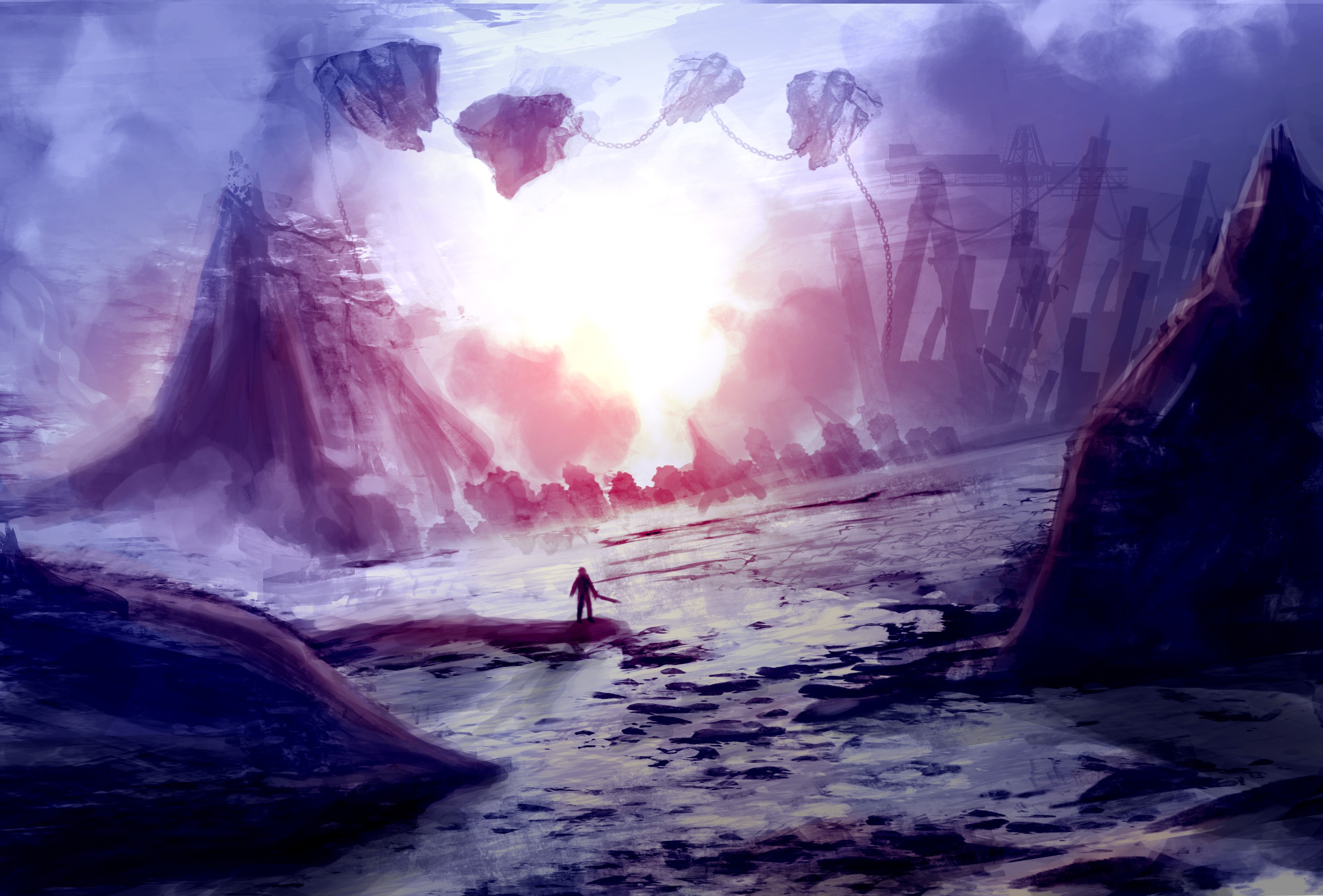 Fantasy landscape with floating islands and a lone figure HD Wallpaper