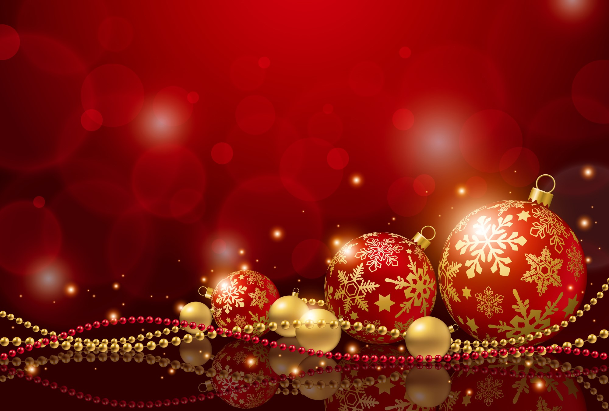 Christmas Ornaments and Beads on Red Background HD Wallpaper