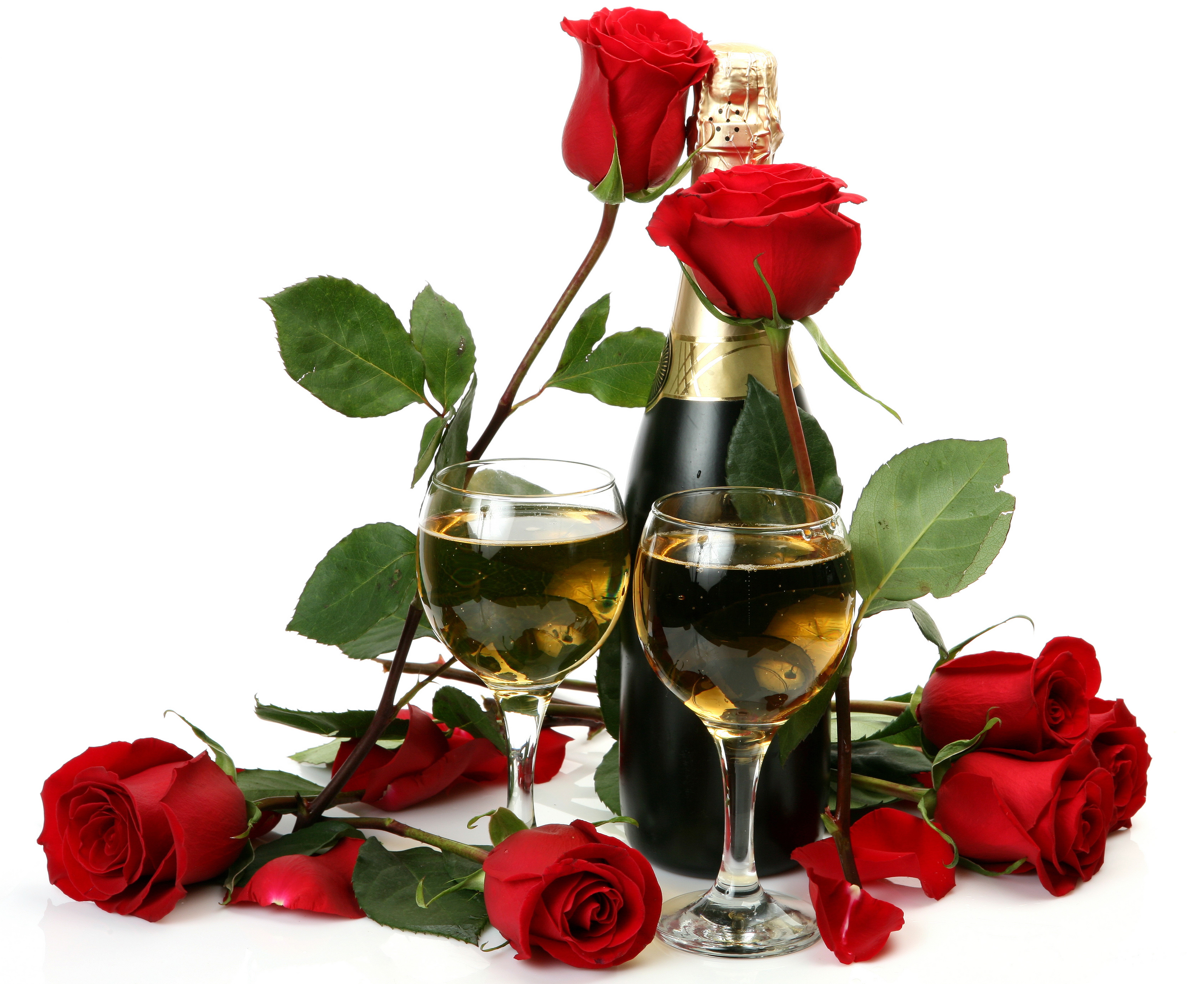 Champagne bottle with roses and wine glasses HD Wallpaper