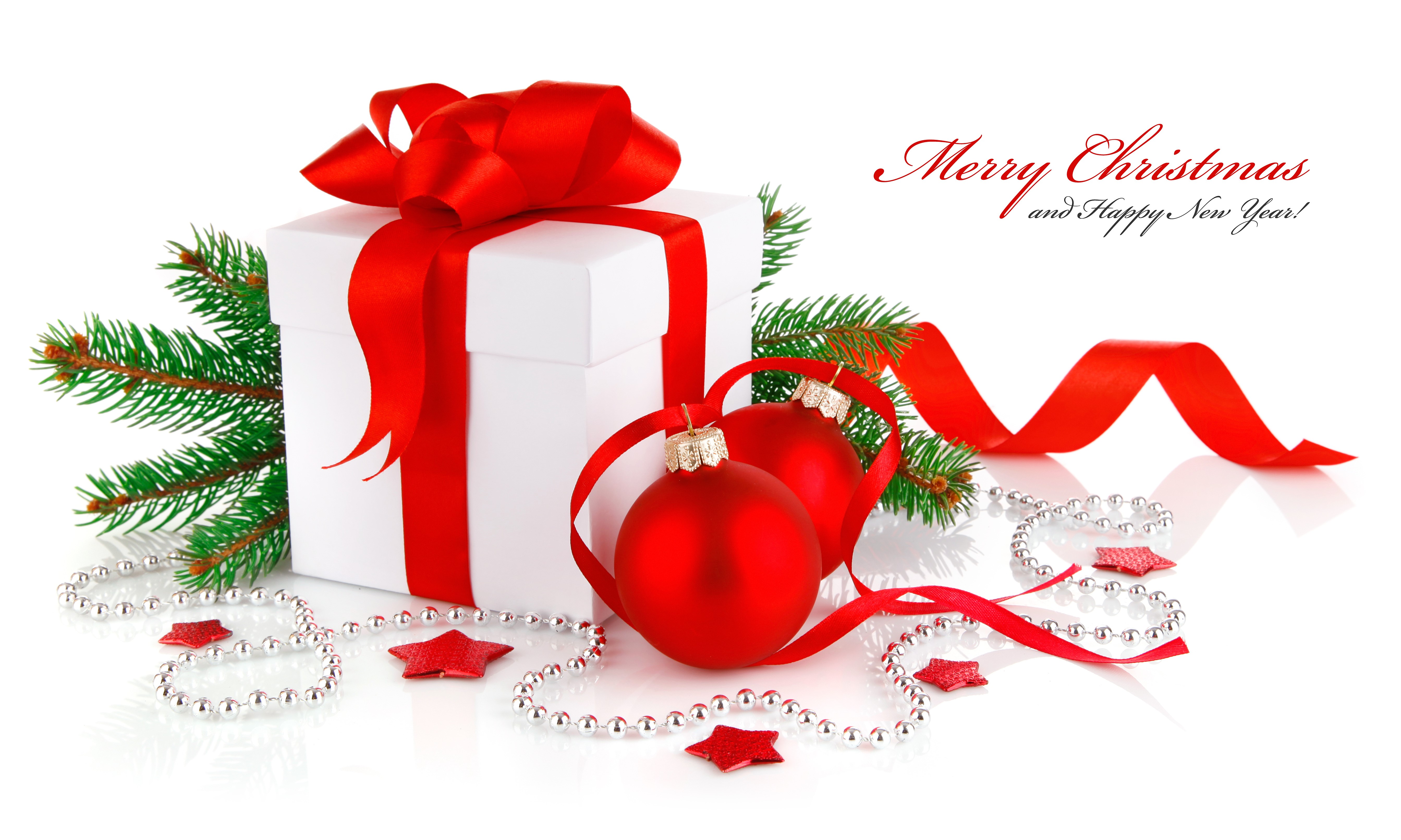 Christmas Gift with Ornaments and Pine Sprig HD Wallpaper
