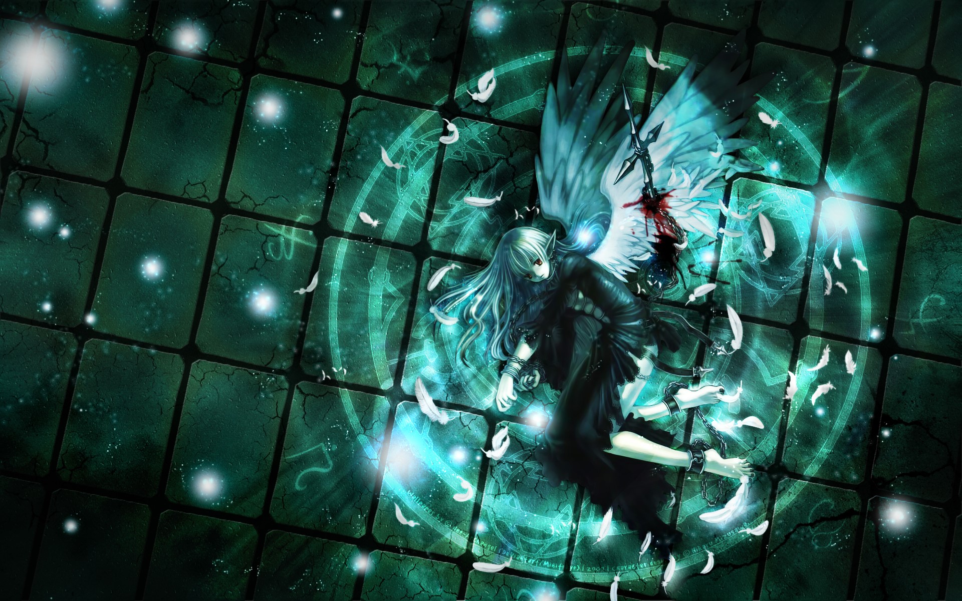 Injured angel with wings lying on a tiled floor HD Wallpaper