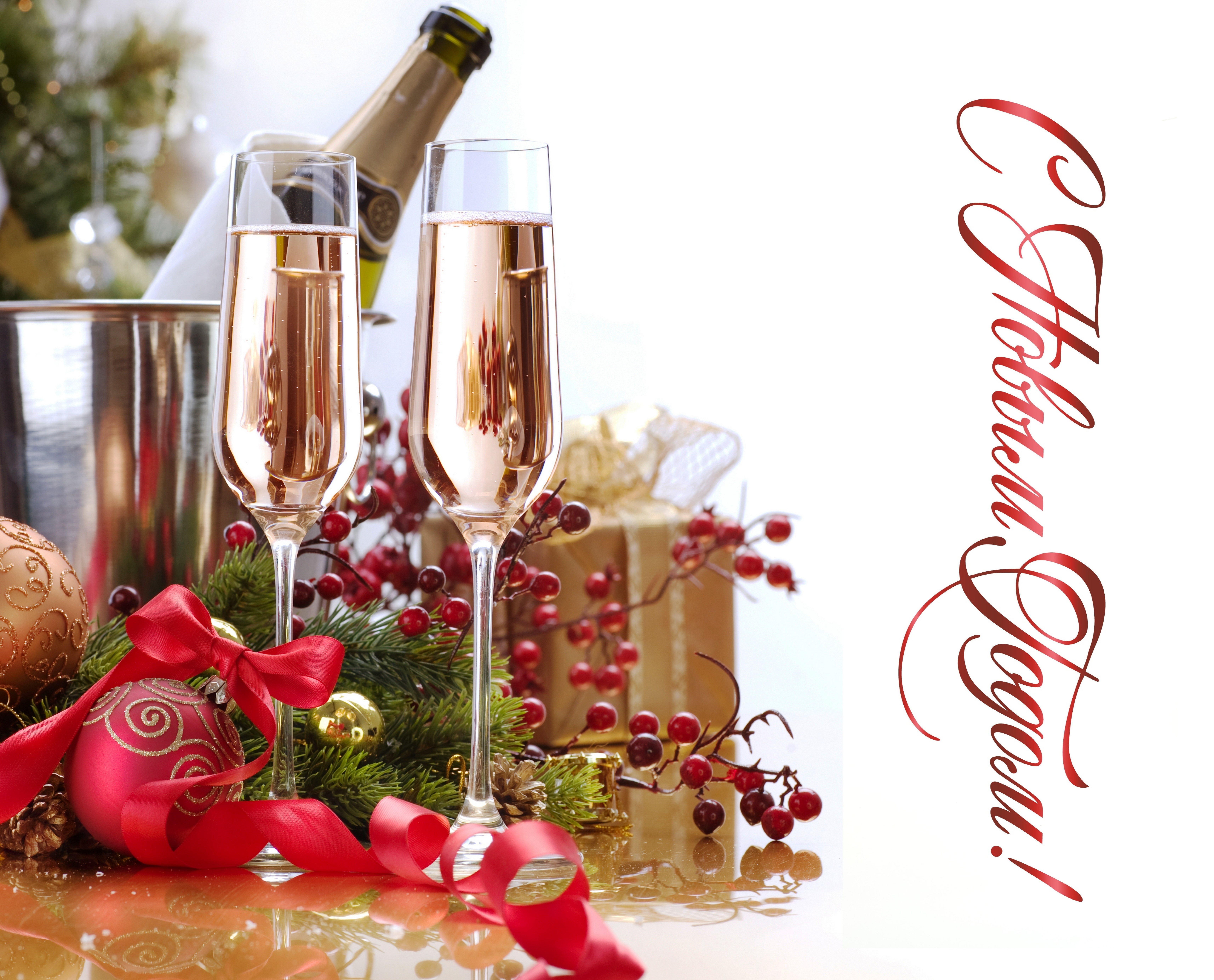 Champagne glasses and Christmas decorations HD Wallpaper