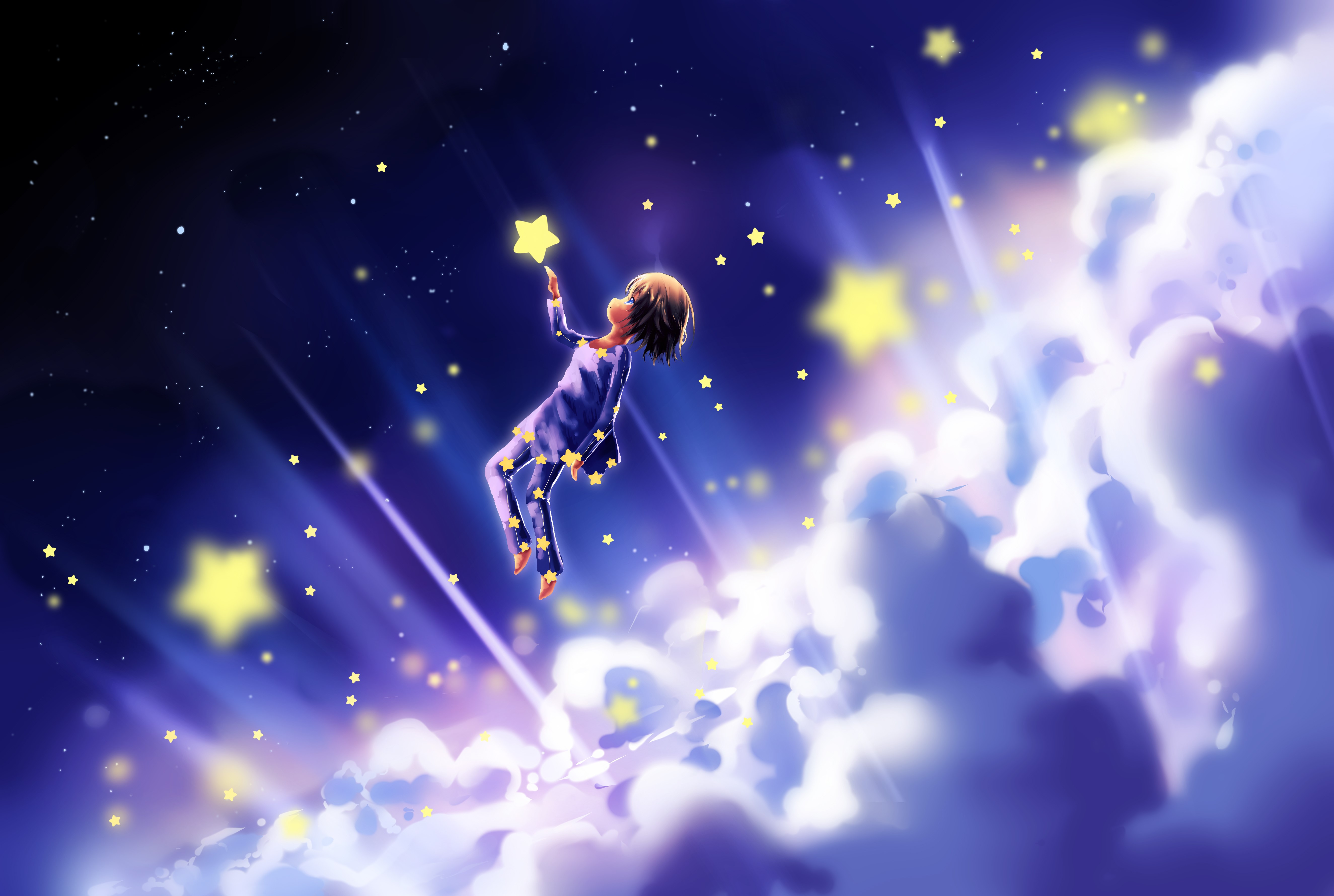 Boy Reaching for Stars in Night Sky HD Wallpaper