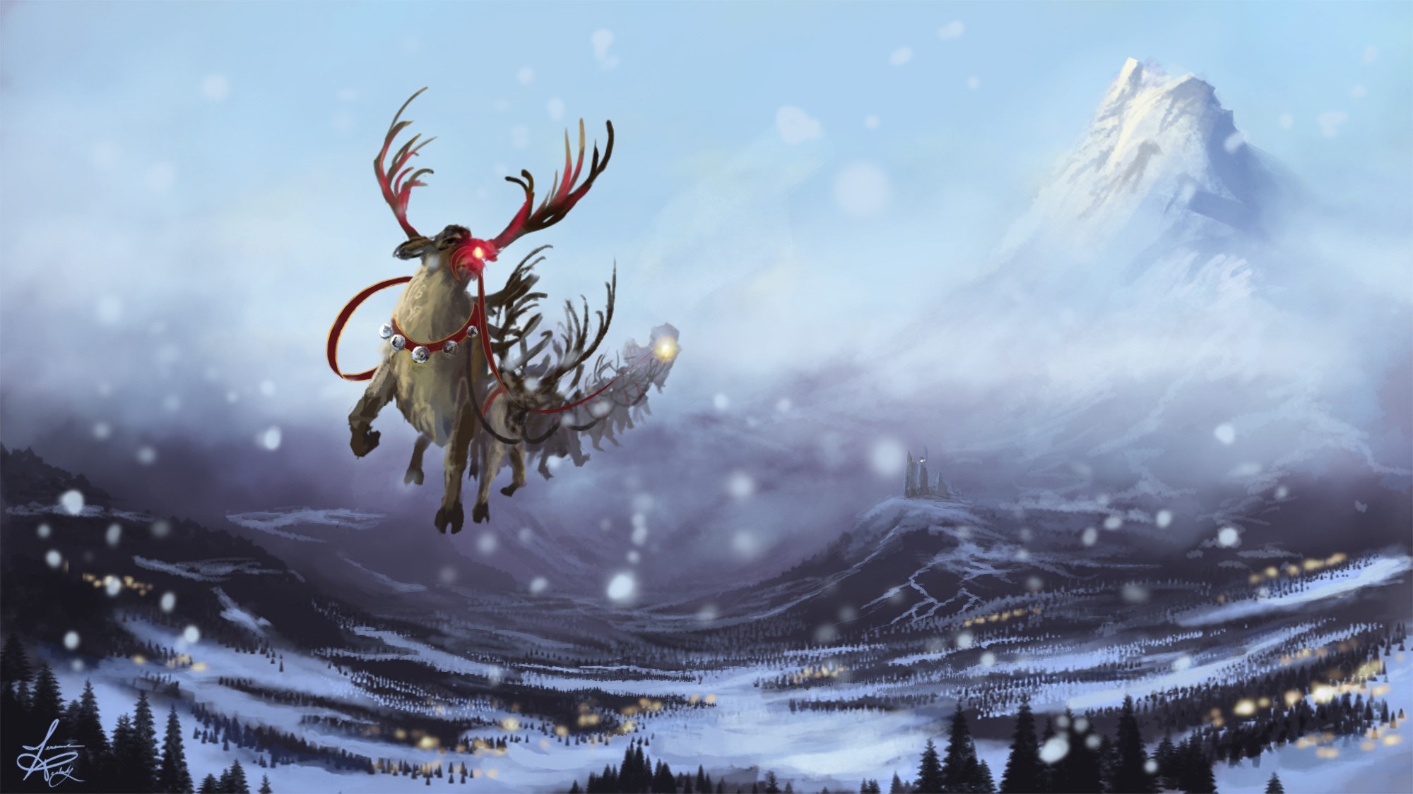 Santa's Reindeer Flying Over a Snowy Village HD Wallpaper