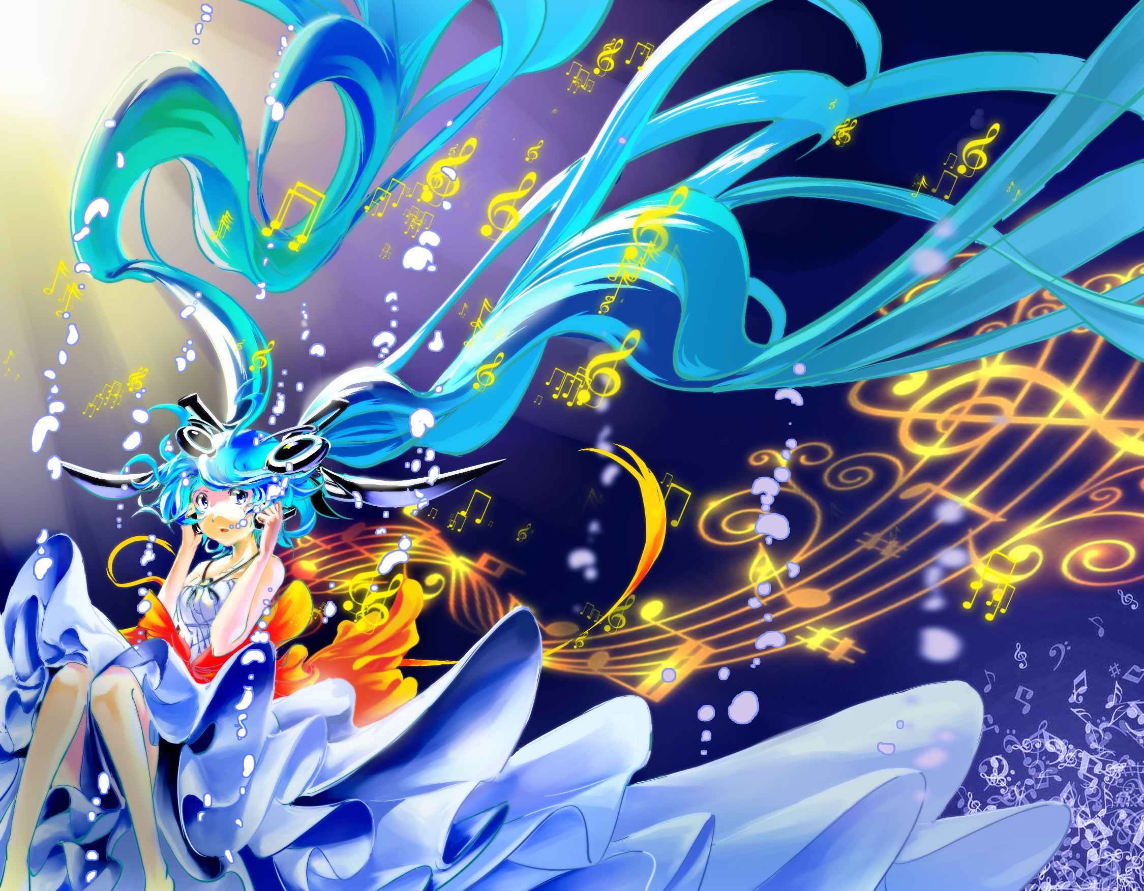 Hatsune Miku singing with musical notes HD Wallpaper