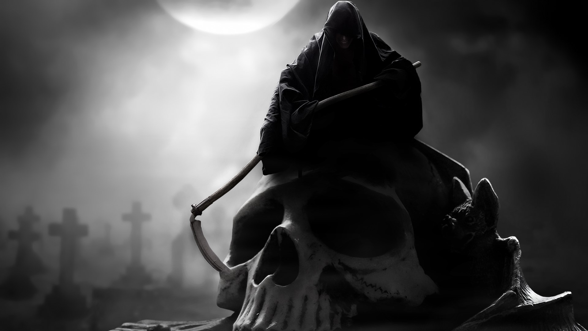 Grim Reaper sitting on a skull in a graveyard HD Wallpaper