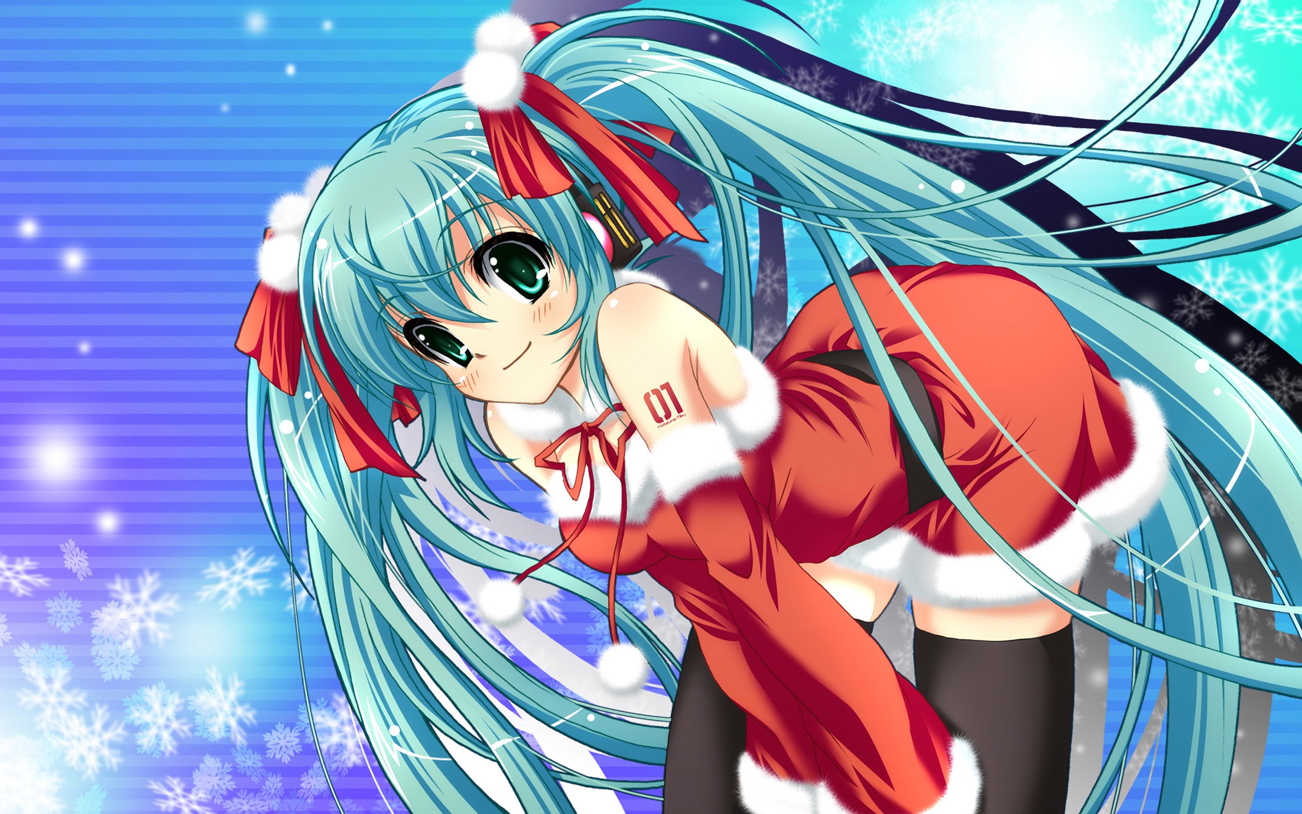 Hatsune Miku in Santa Outfit with Snowflakes HD Wallpaper