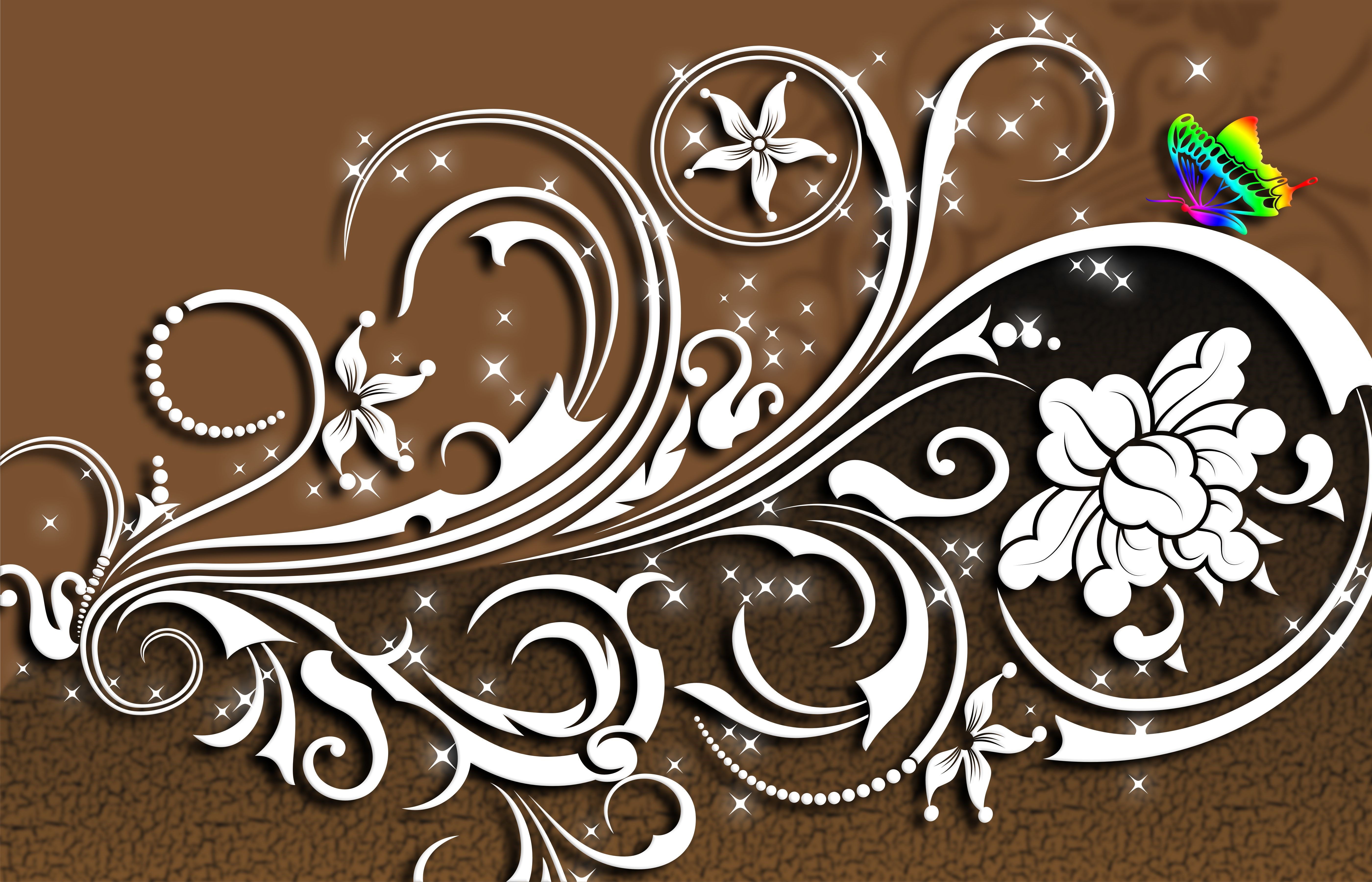 Brown background with white floral tracery and butterfly HD Wallpaper