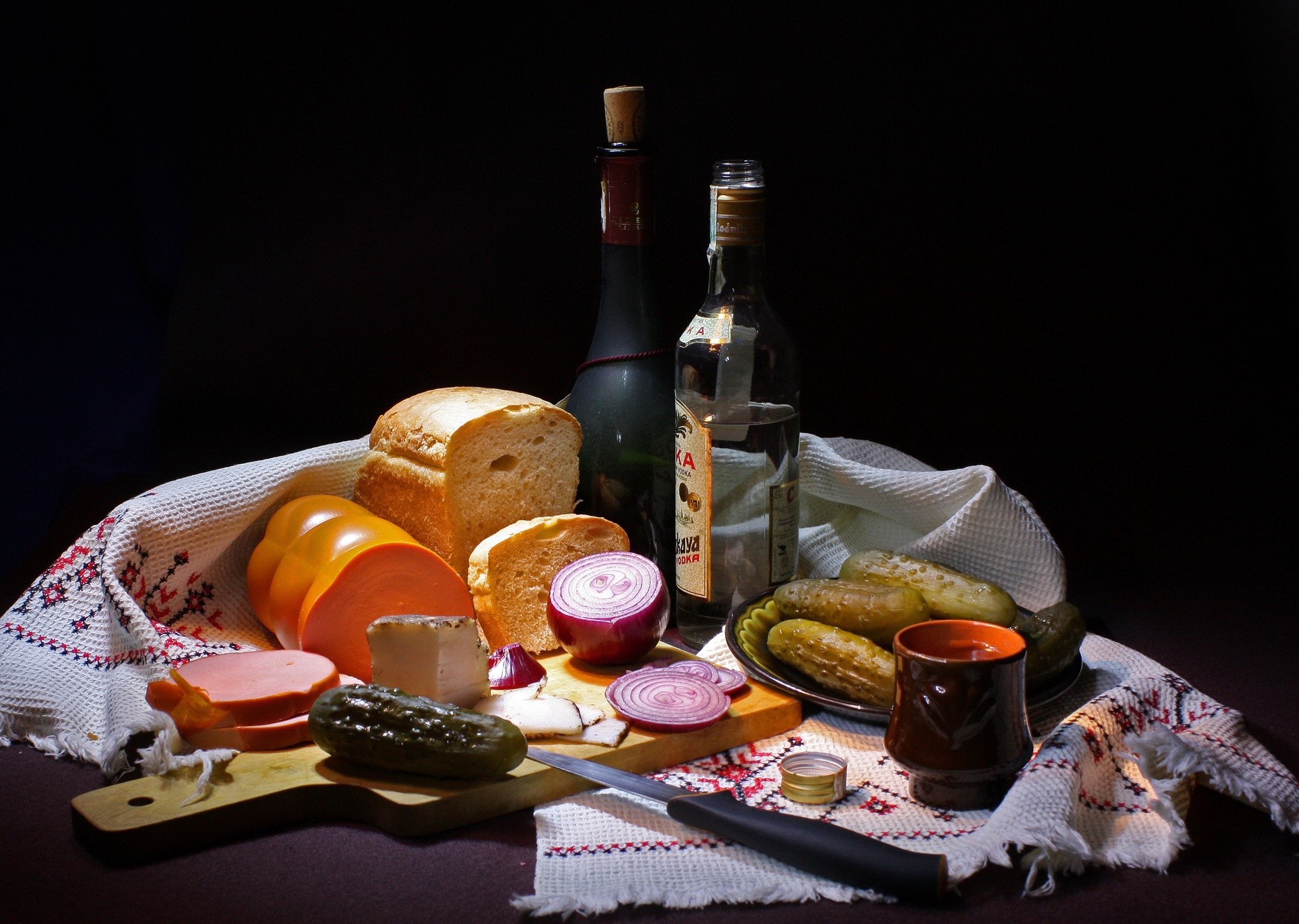 Still life with sausage, bread, pickles, and vodka HD Wallpaper