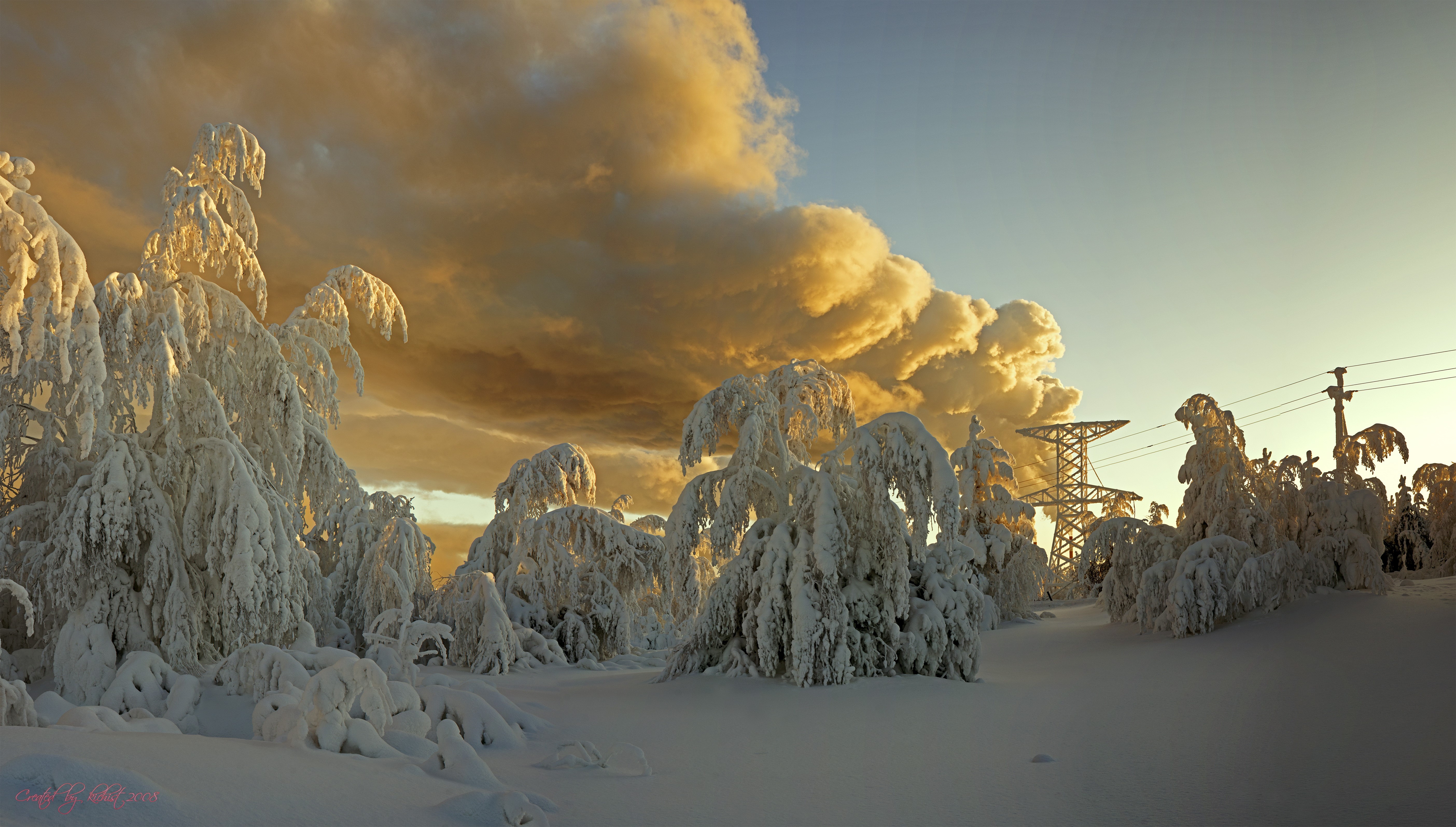Winter landscape with snow-covered trees and clouds HD Wallpaper