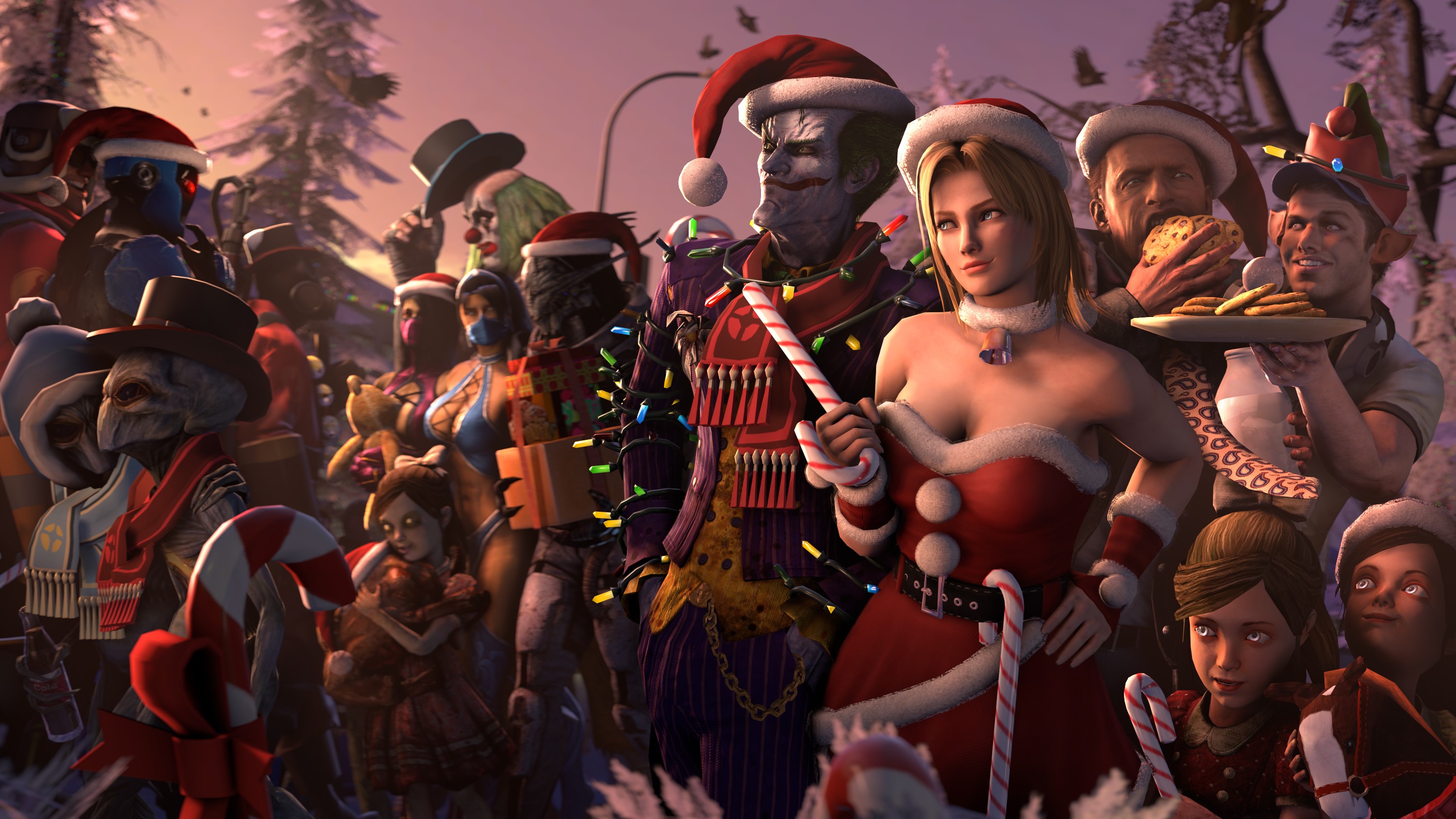 Group of characters in Christmas hats in a winter setting HD Wallpaper
