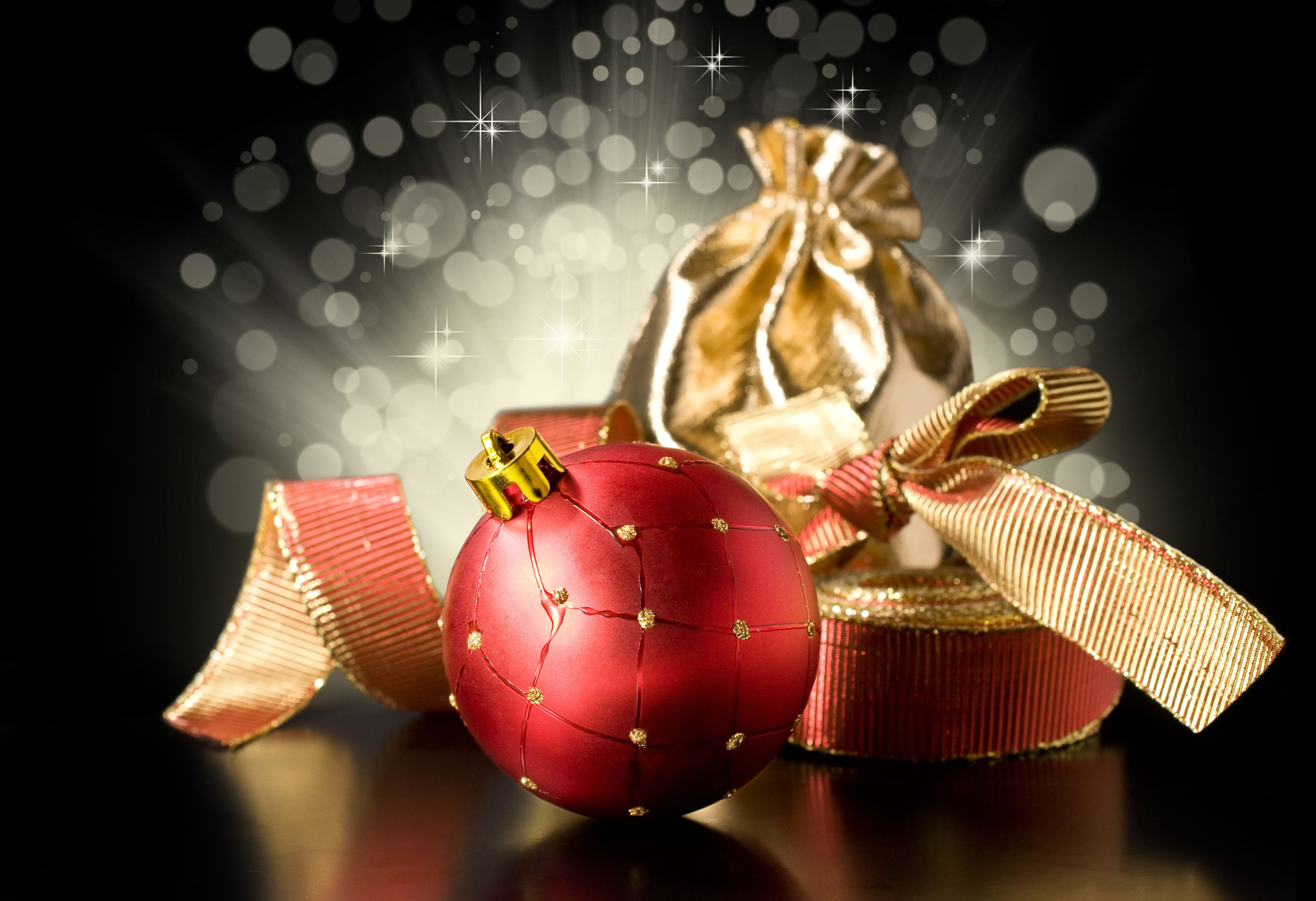 Christmas ornaments and gifts with bokeh lights HD Wallpaper