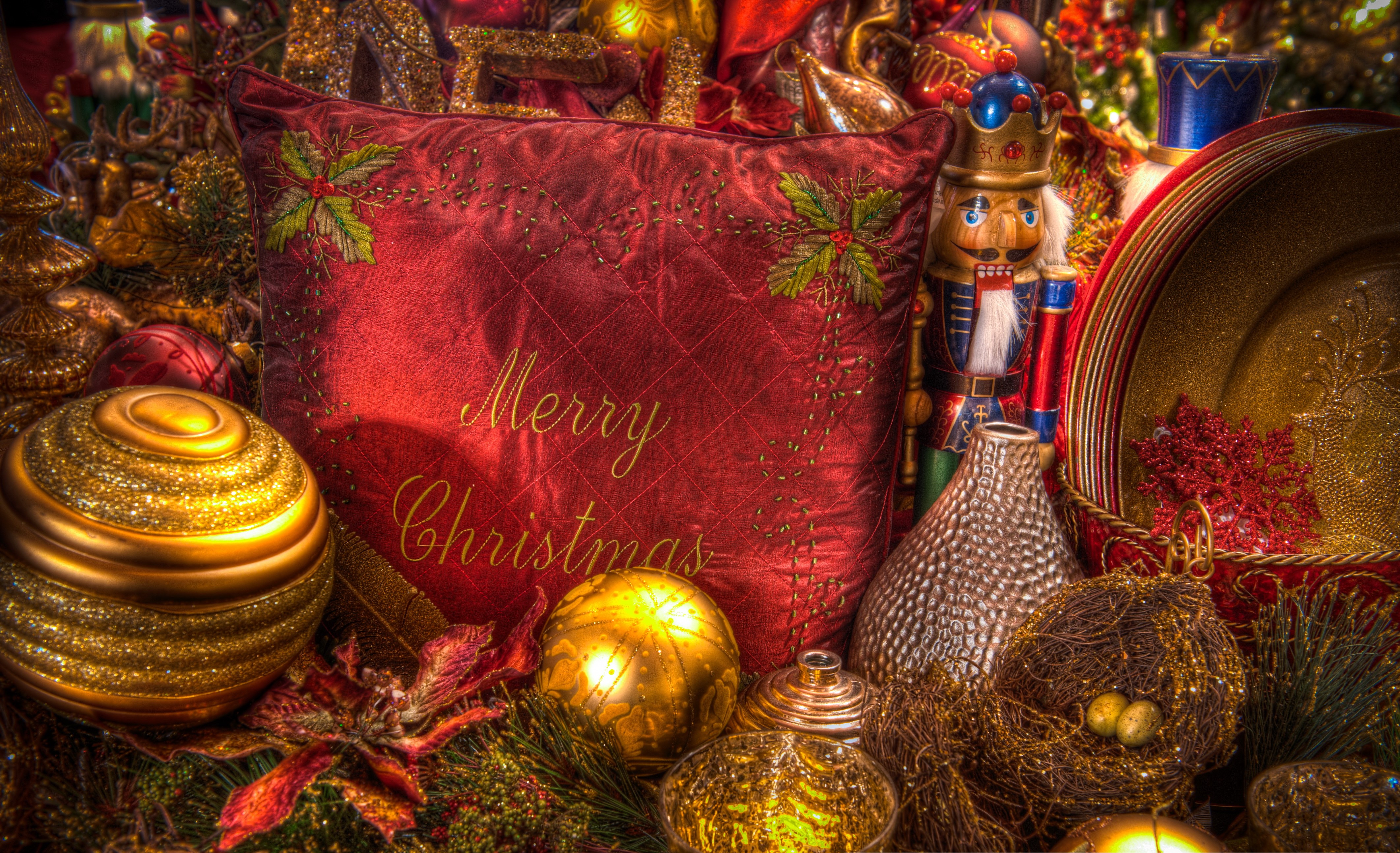Christmas Decorations with Nutcracker and Pillow HD Wallpaper