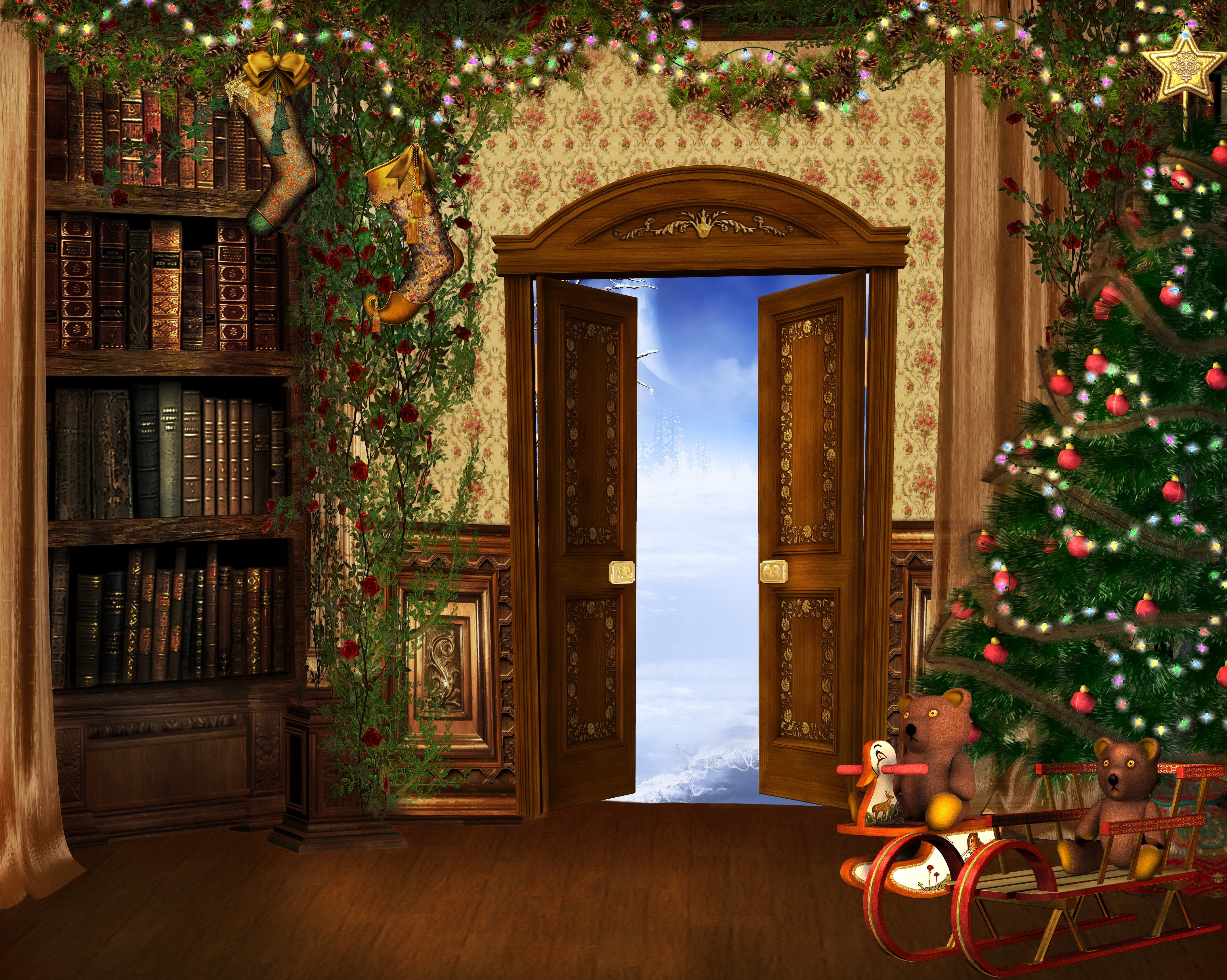 Christmas scene with open door to winter landscape HD Wallpaper