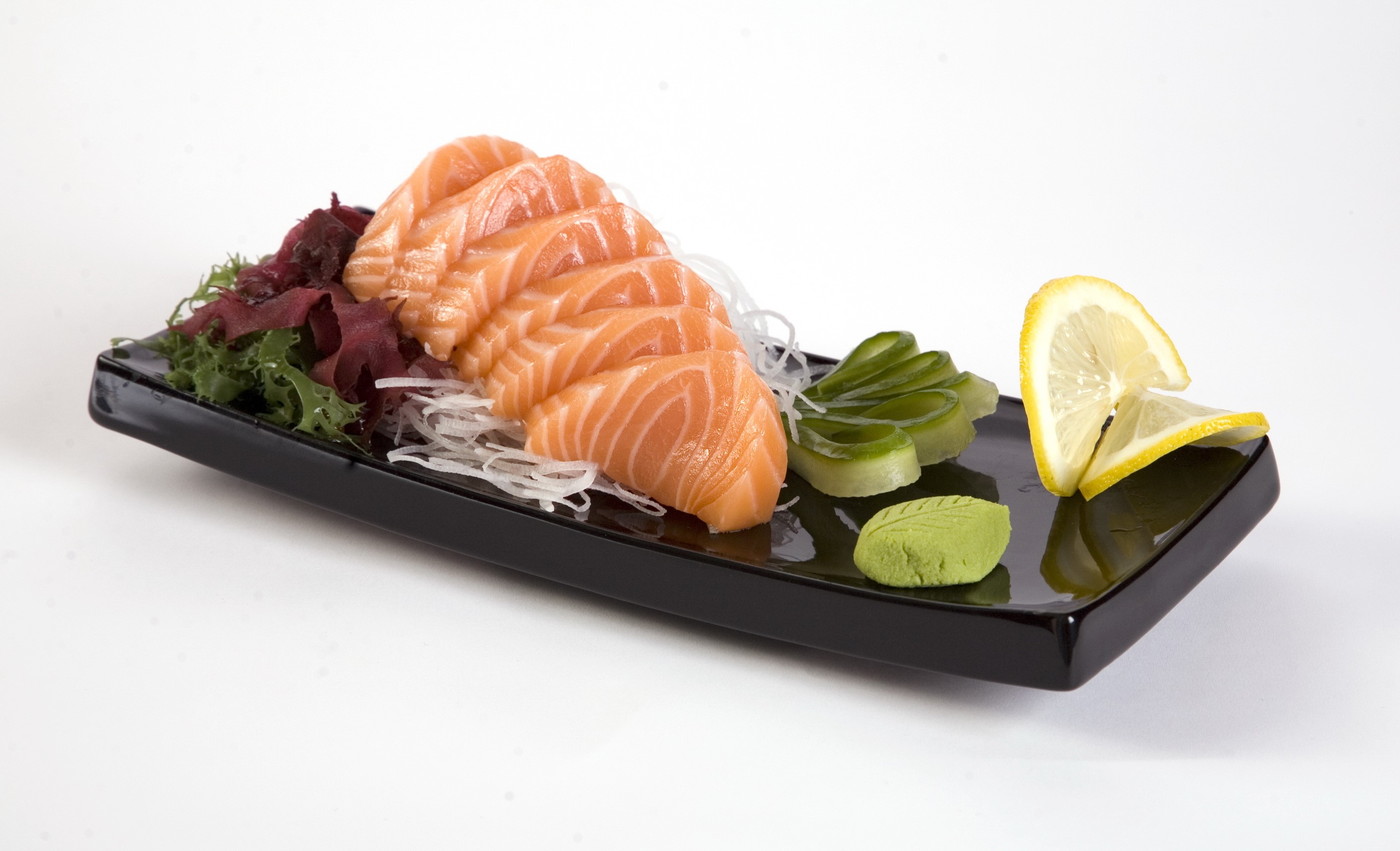 Salmon Sashimi Platter with Wasabi and Lemon HD Wallpaper