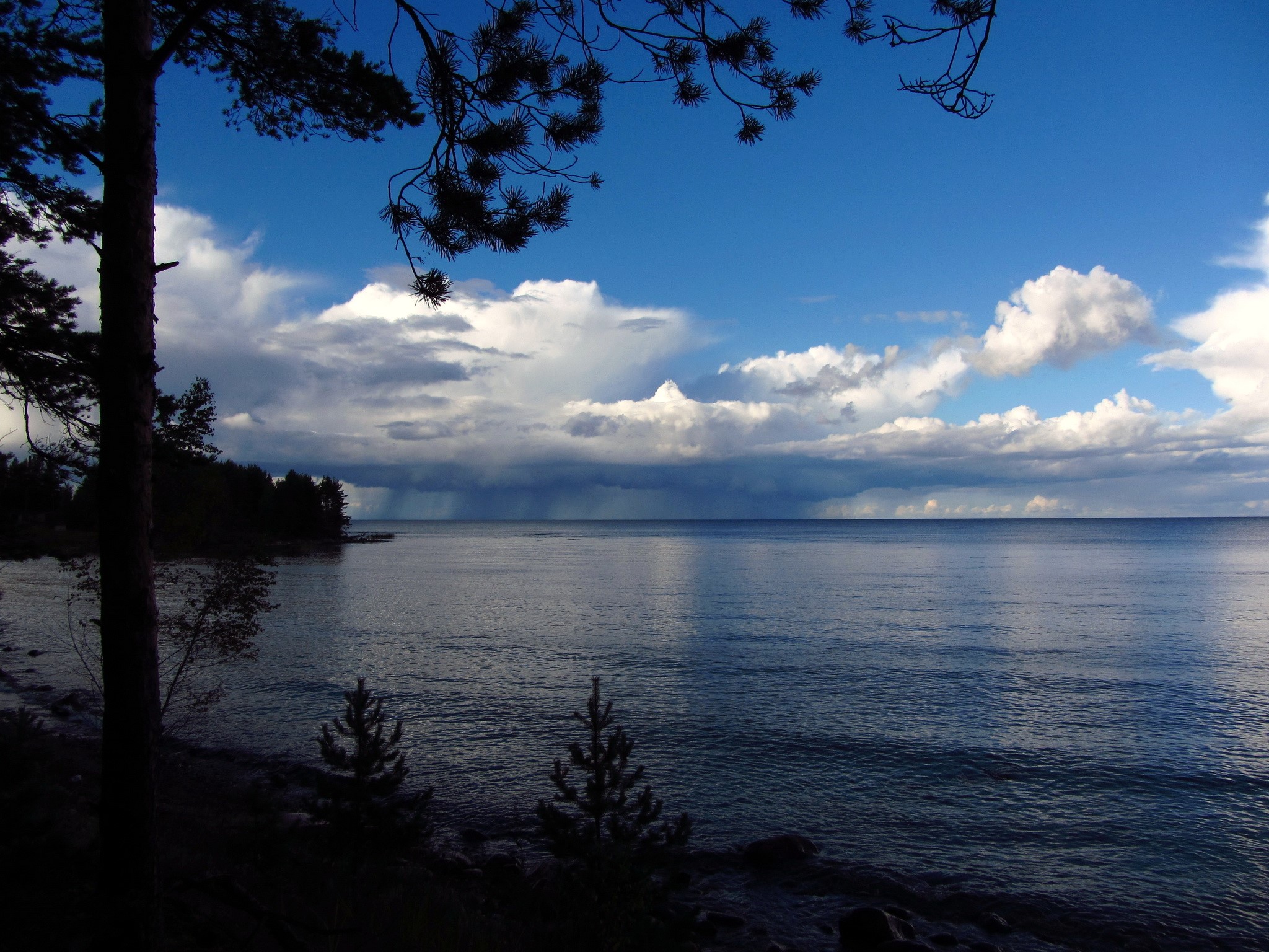 Lake with stormy clouds and trees HD Wallpaper