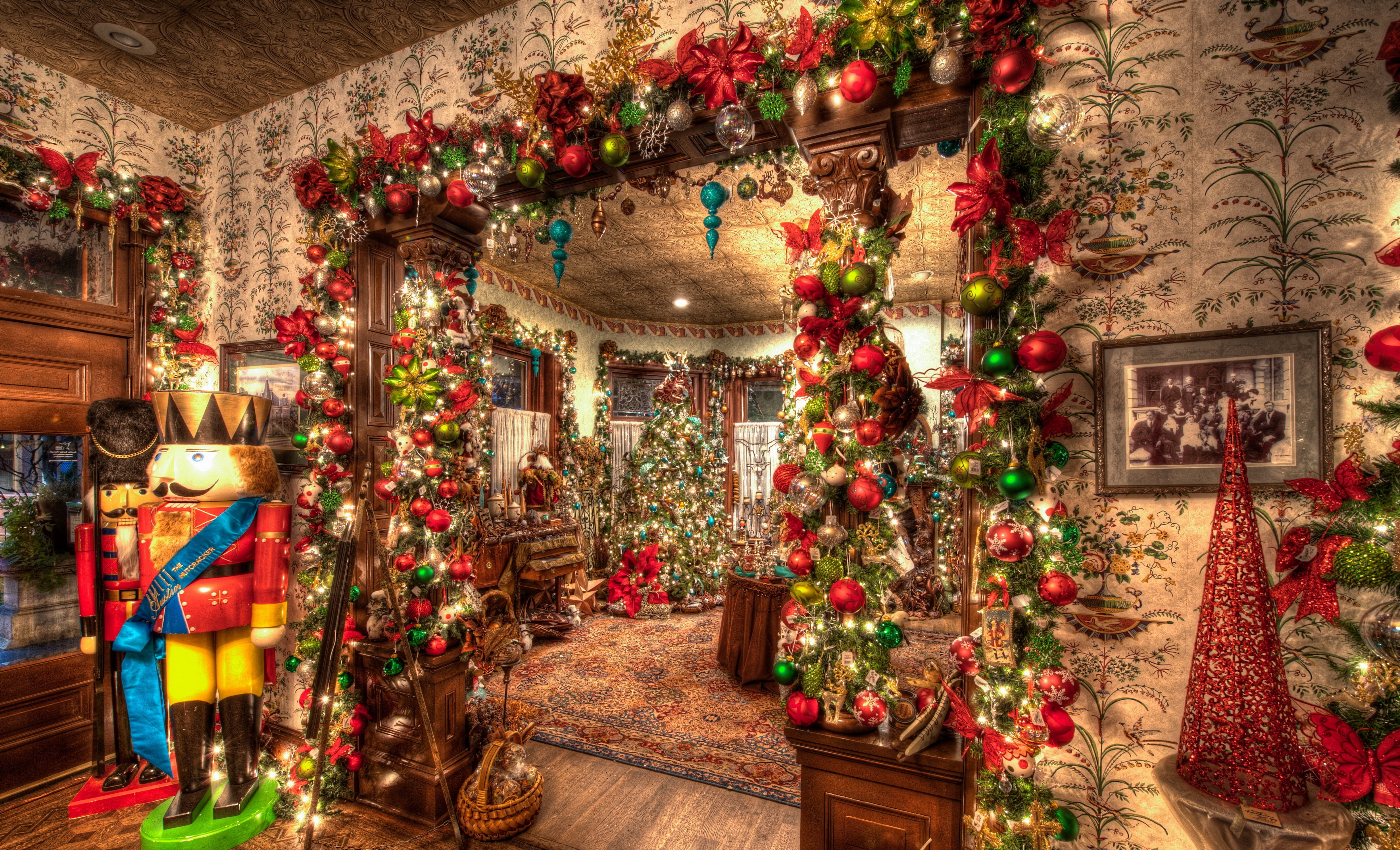 Christmas Interior with Nutcrackers and Trees HD Wallpaper