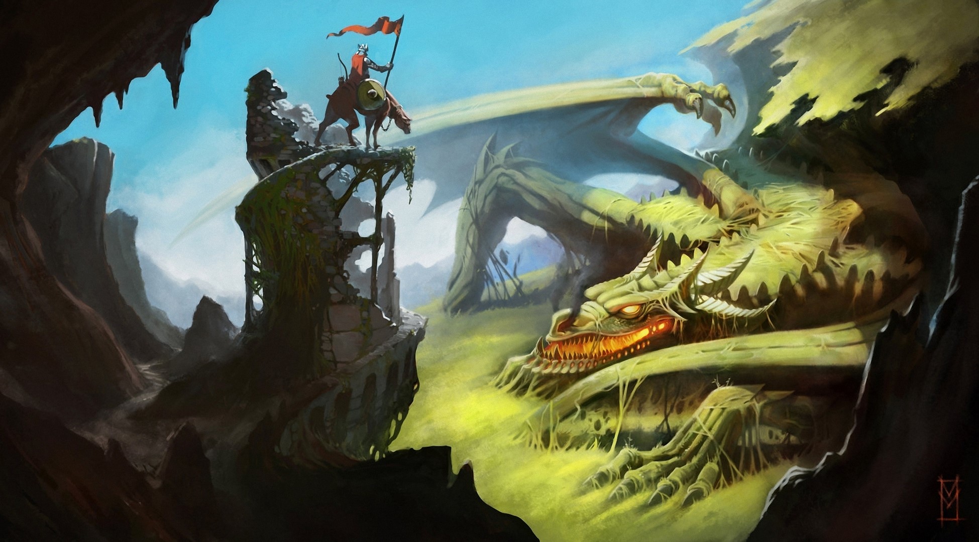 Knight on horseback confronts a dragon in a rocky landscape HD Wallpaper
