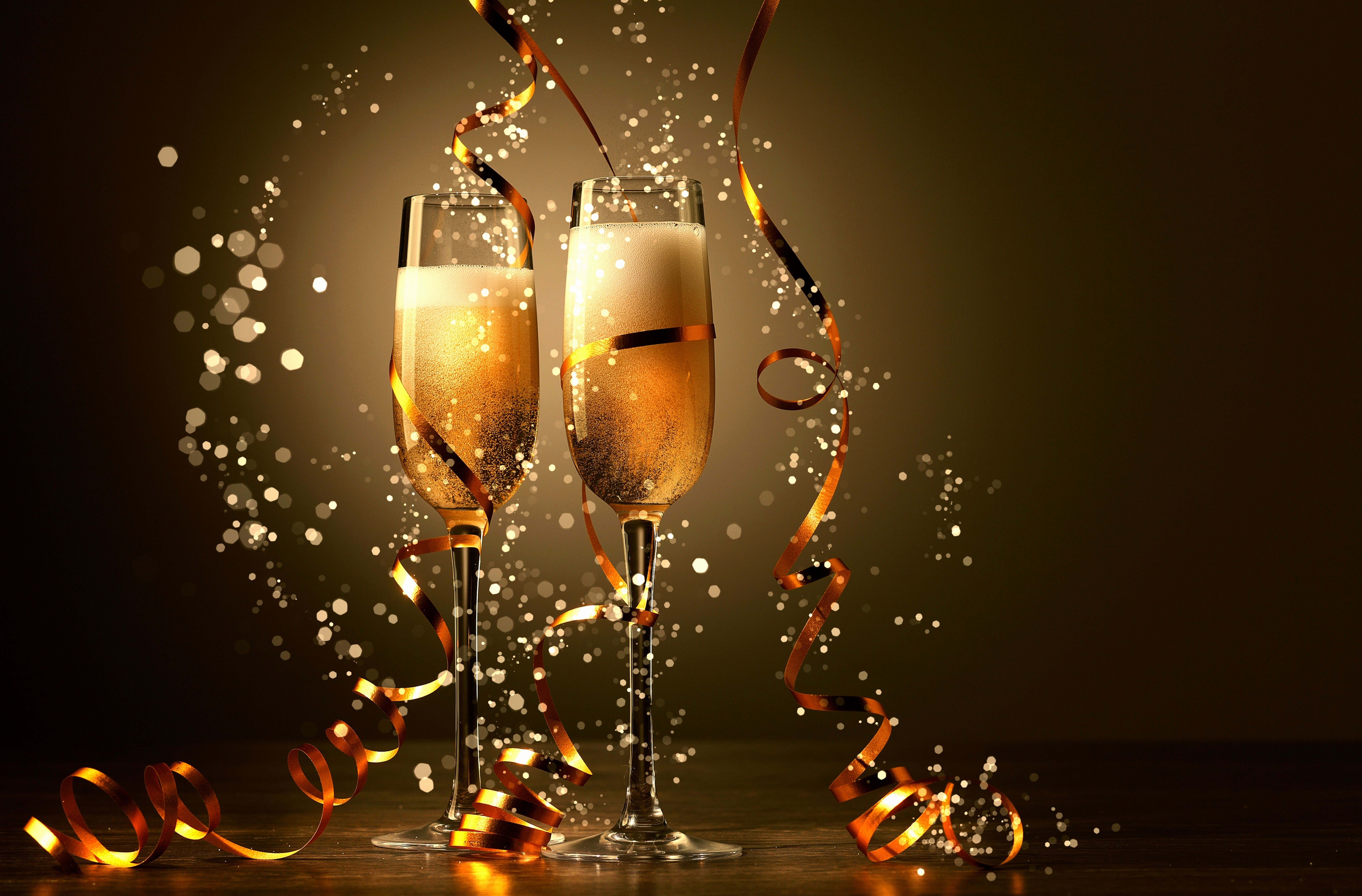 Champagne glasses with ribbons and sparkles HD Wallpaper