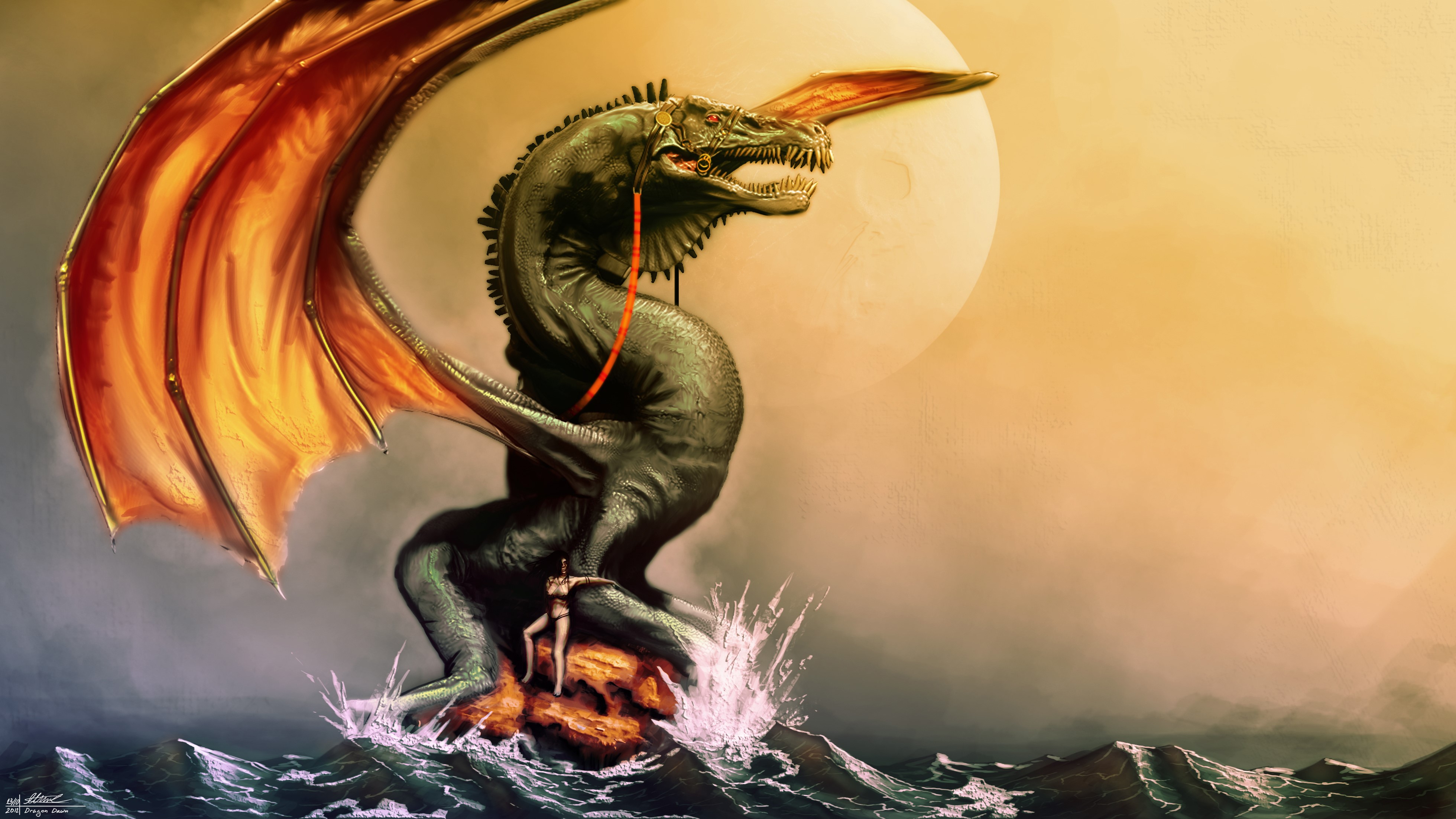Dragon with a woman on a rock in the sea HD Wallpaper