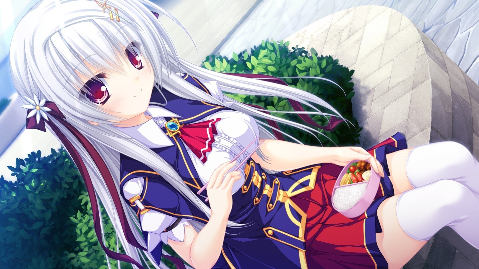 Girl with white hair holding a bento box HD Wallpaper