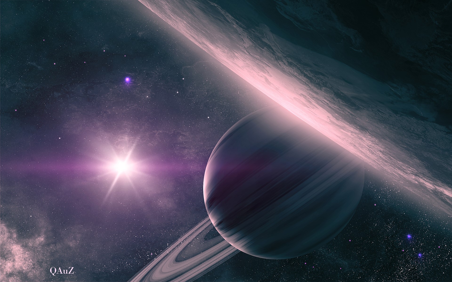 Planet with rings and bright star in space HD Wallpaper