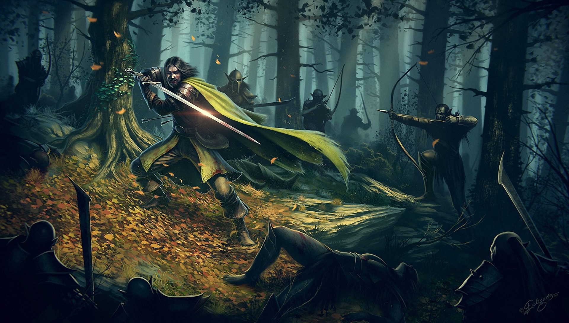 Warriors battling orcs in a dark forest HD Wallpaper
