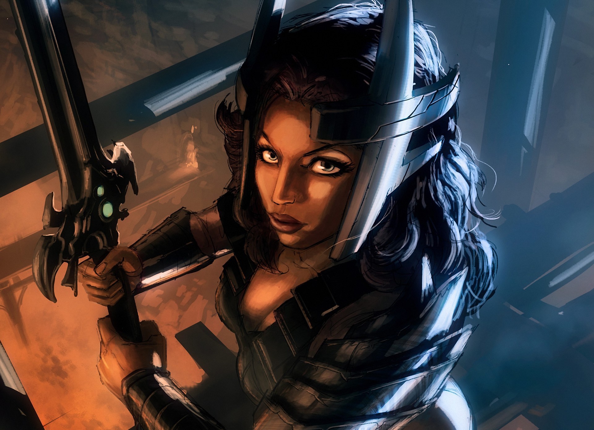 Warrior woman with sword and helmet HD Wallpaper