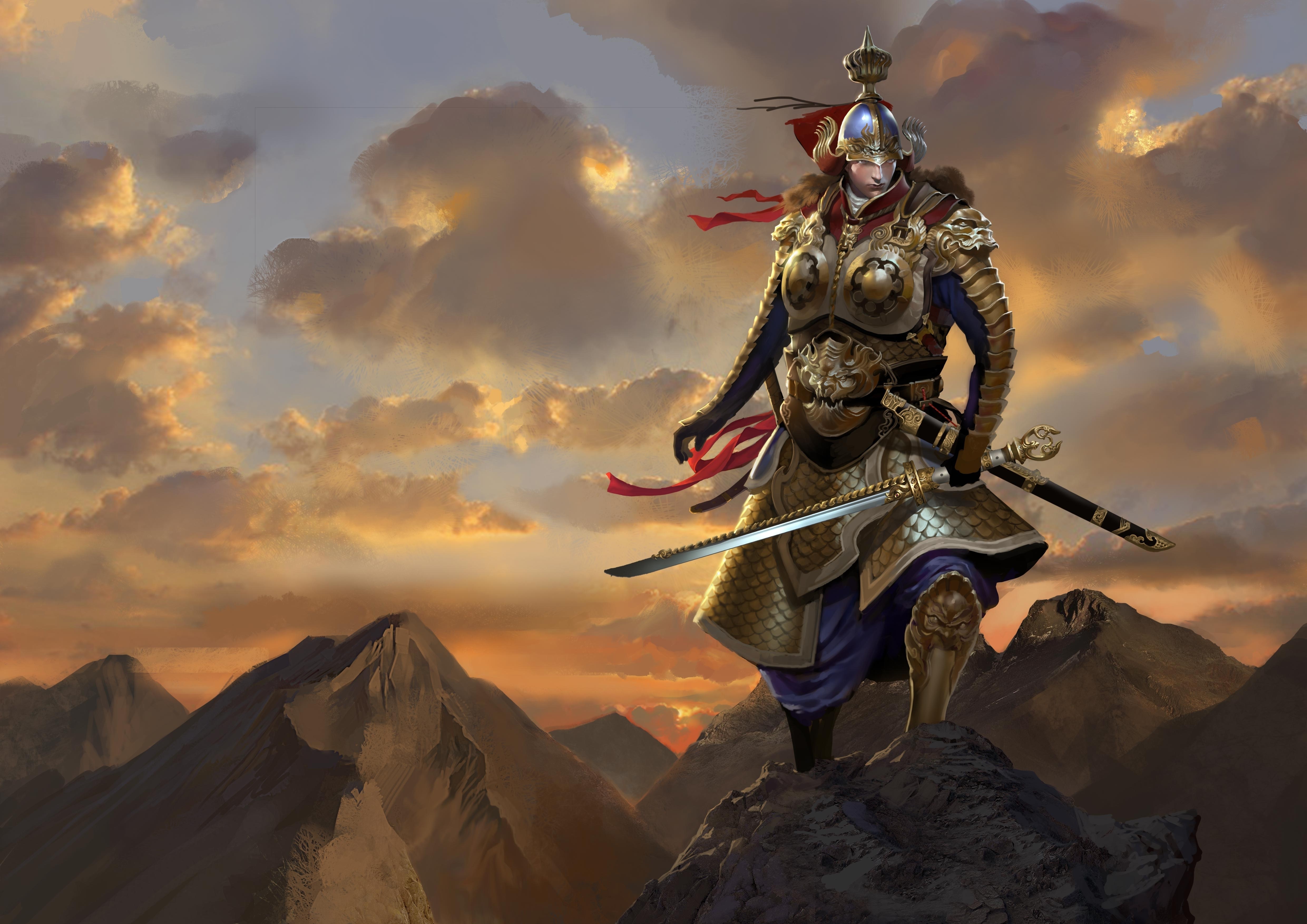 Warrior in Armor with Swords on Mountain Peak HD Wallpaper