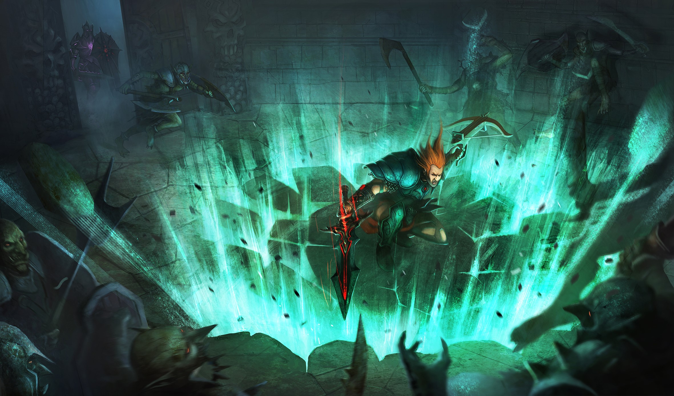 Warriors battling with swords and magic HD Wallpaper