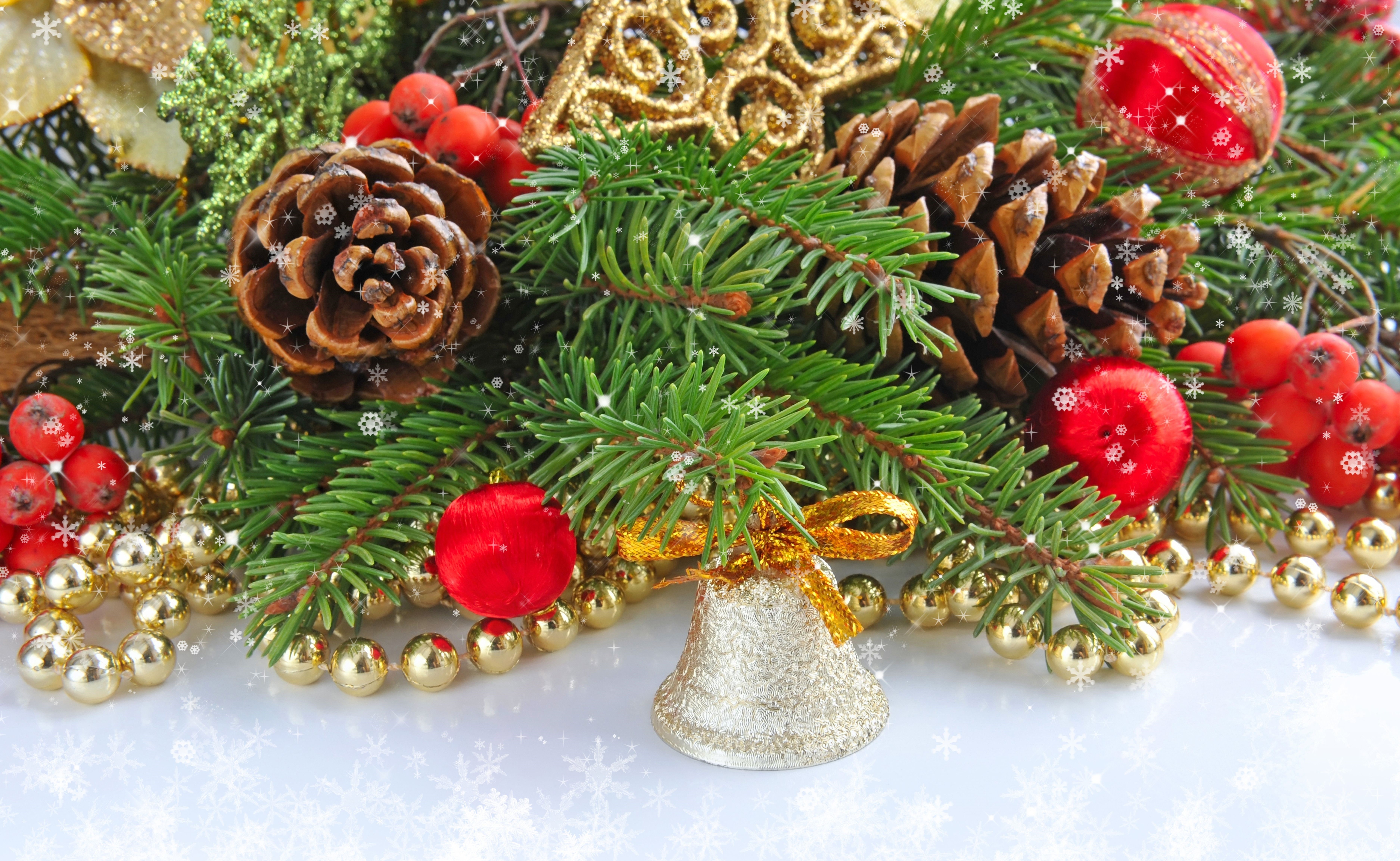 Christmas Branches with Pine Cones, Berries, and Ornaments HD Wallpaper