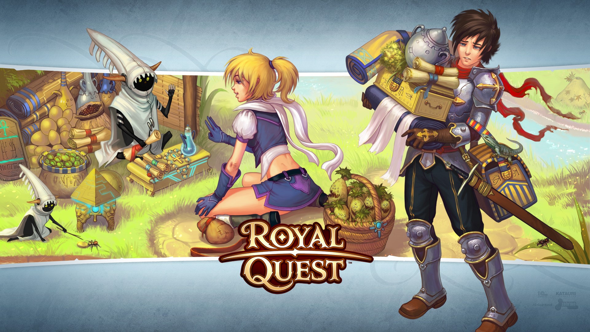 Royal Quest characters with marketplace and landscape HD Wallpaper