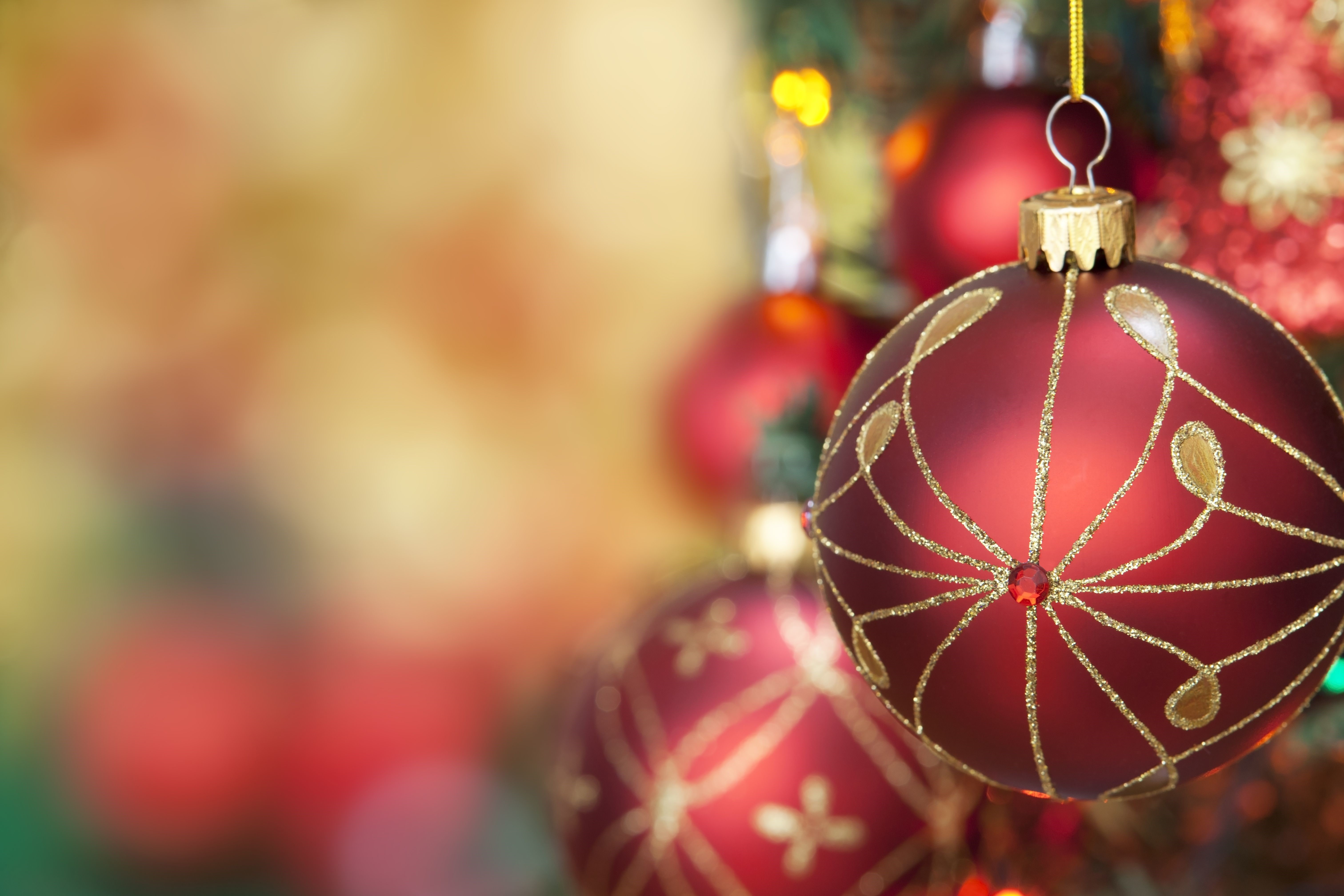 Red Christmas Ornaments with Gold Pattern HD Wallpaper