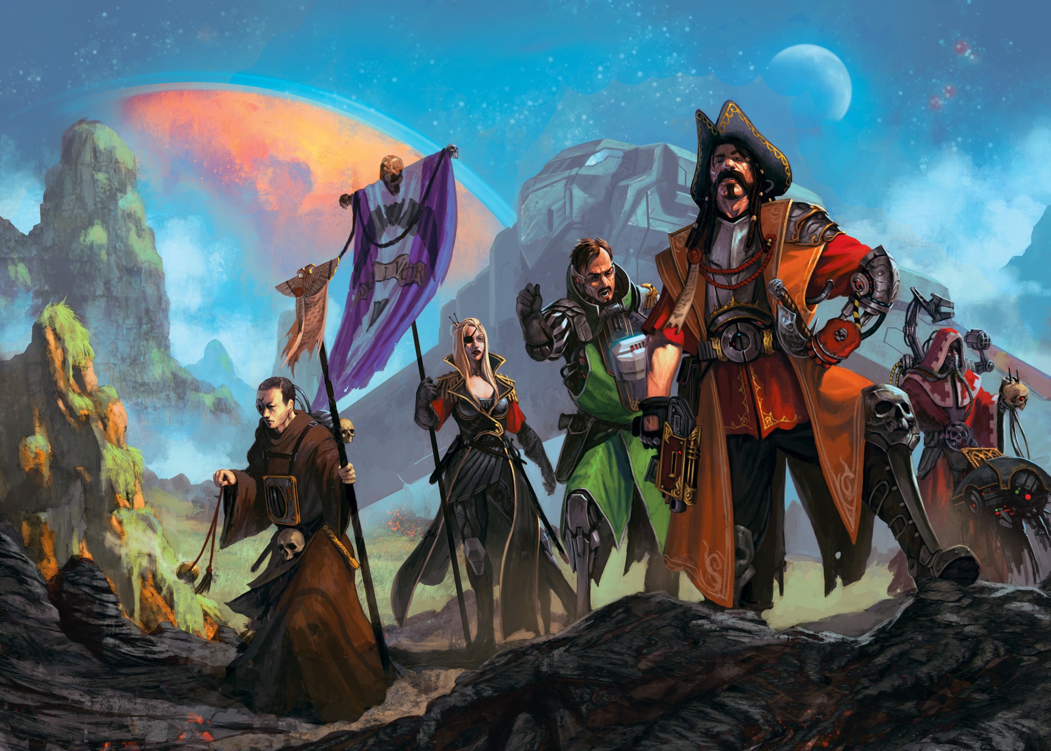 Group of diverse fantasy characters on alien planet HD Wallpaper