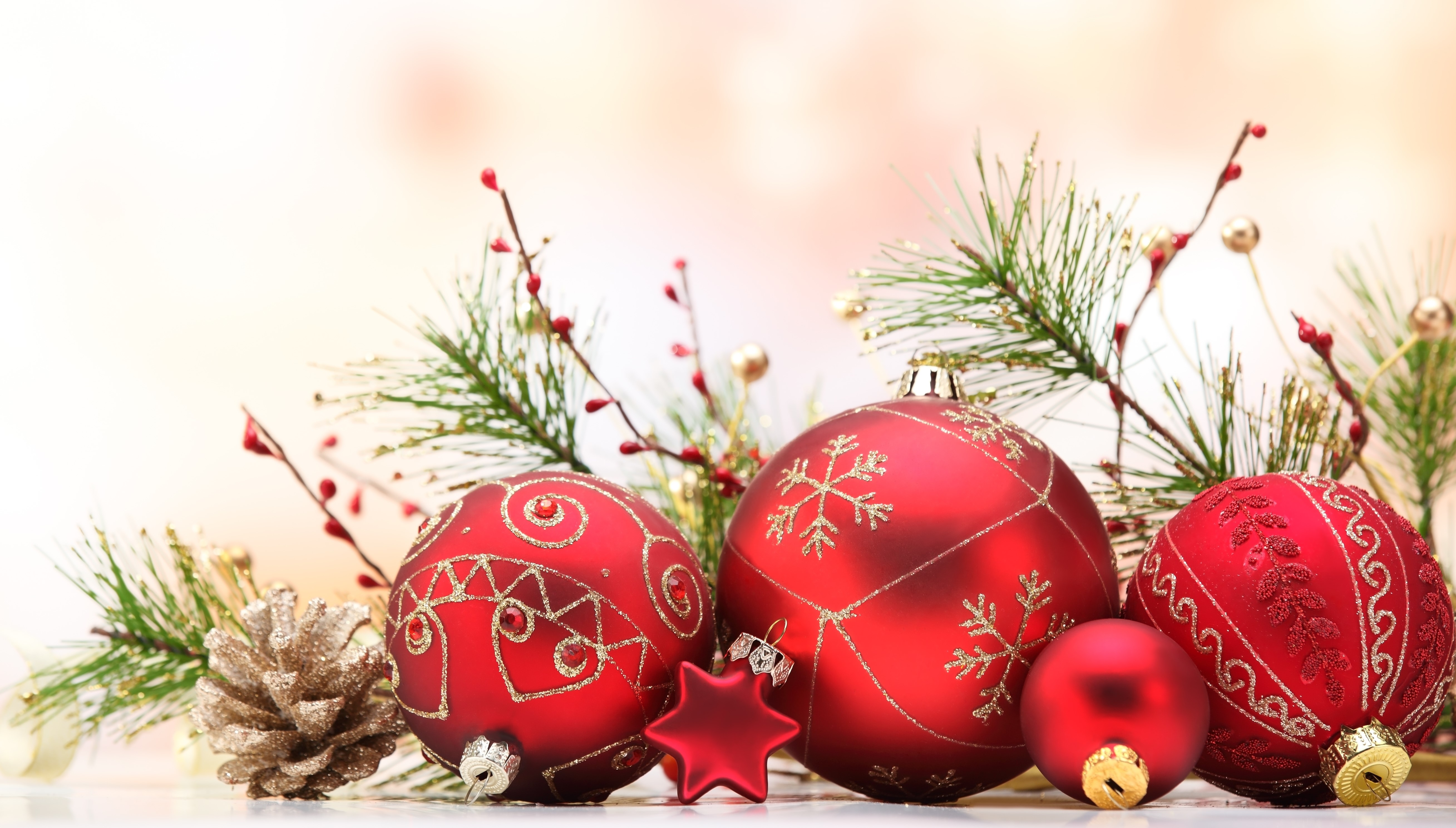Red Christmas Ornaments with Pine Cone and Pine Branches HD Wallpaper