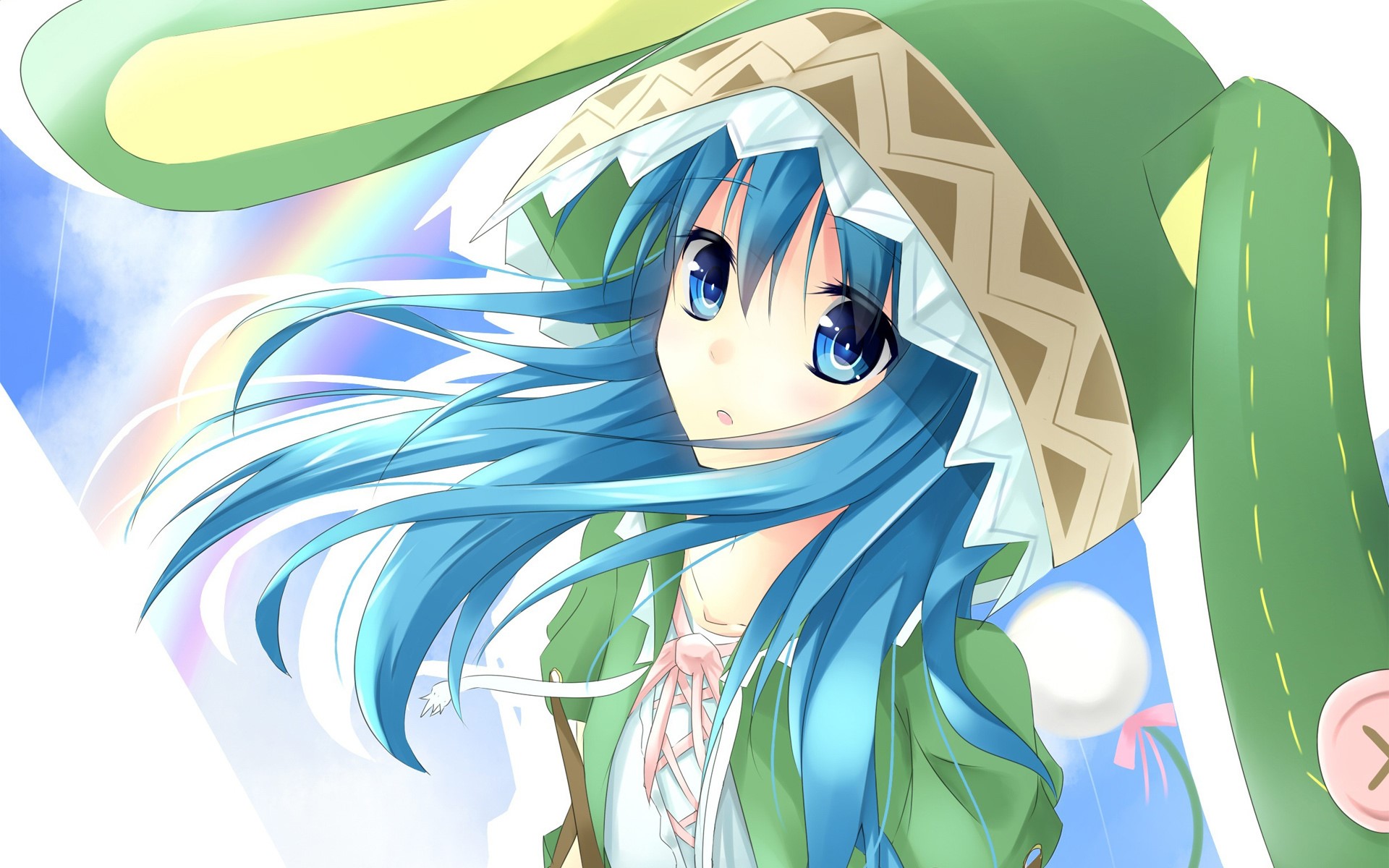 Anime girl with blue hair and green hood HD Wallpaper