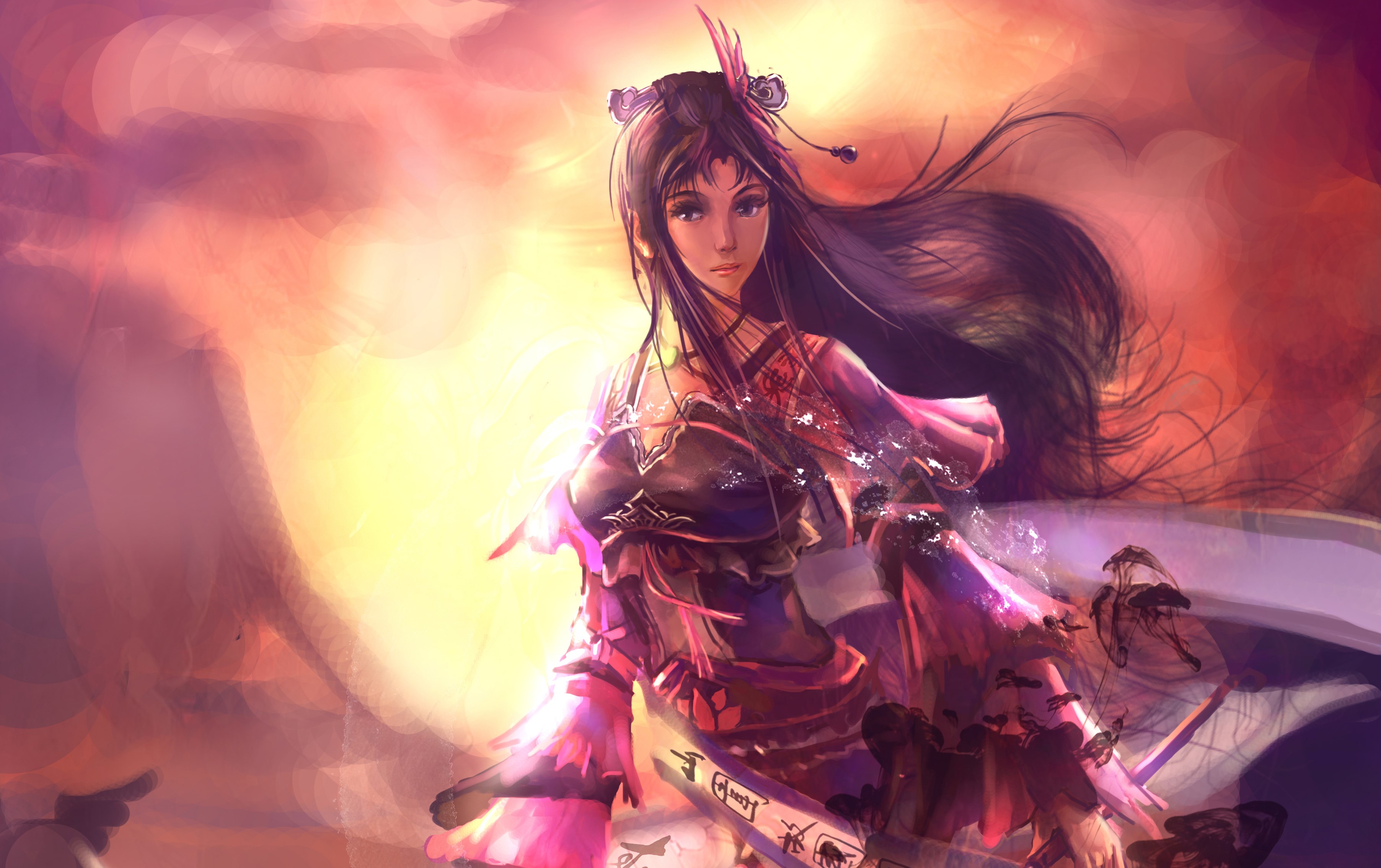 Anime woman with sword in sunset HD Wallpaper