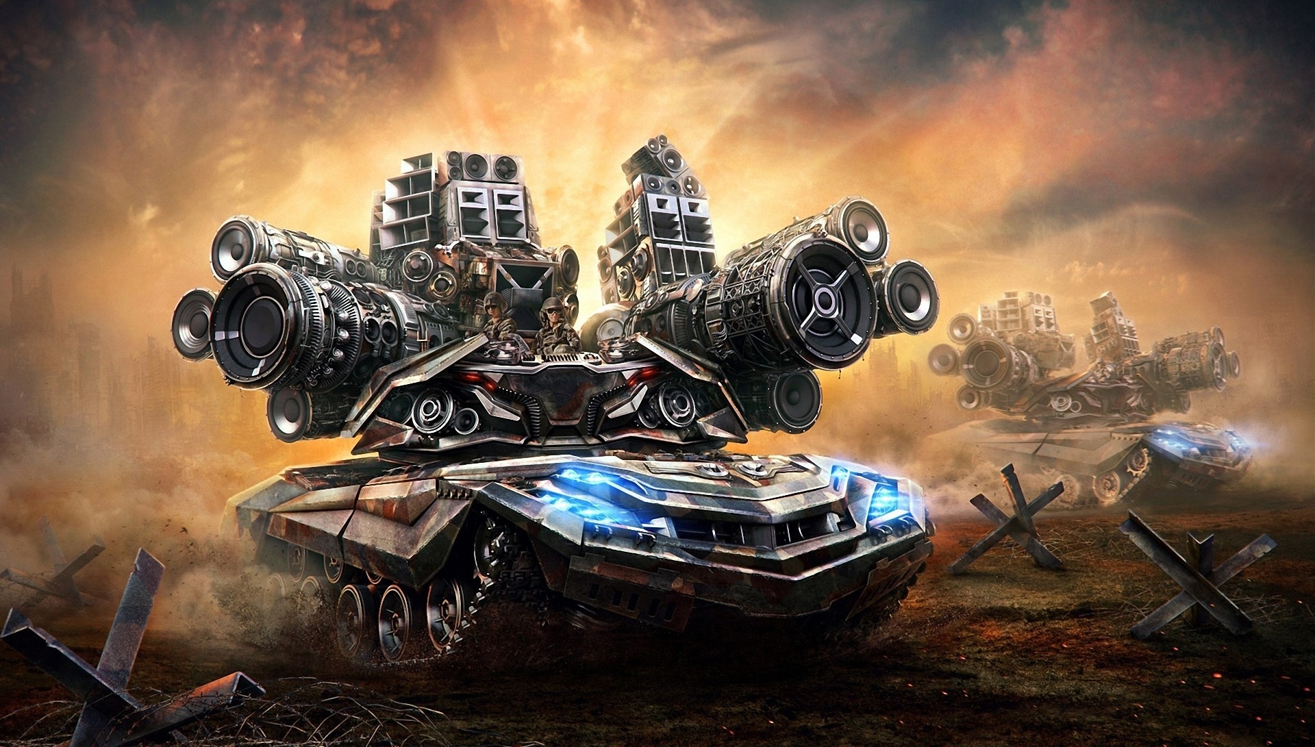 Fantasy tanks with speakers and cannons in a warzone HD Wallpaper