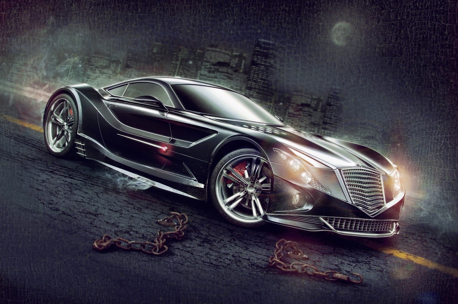 Black luxury car on a dark road at night HD Wallpaper