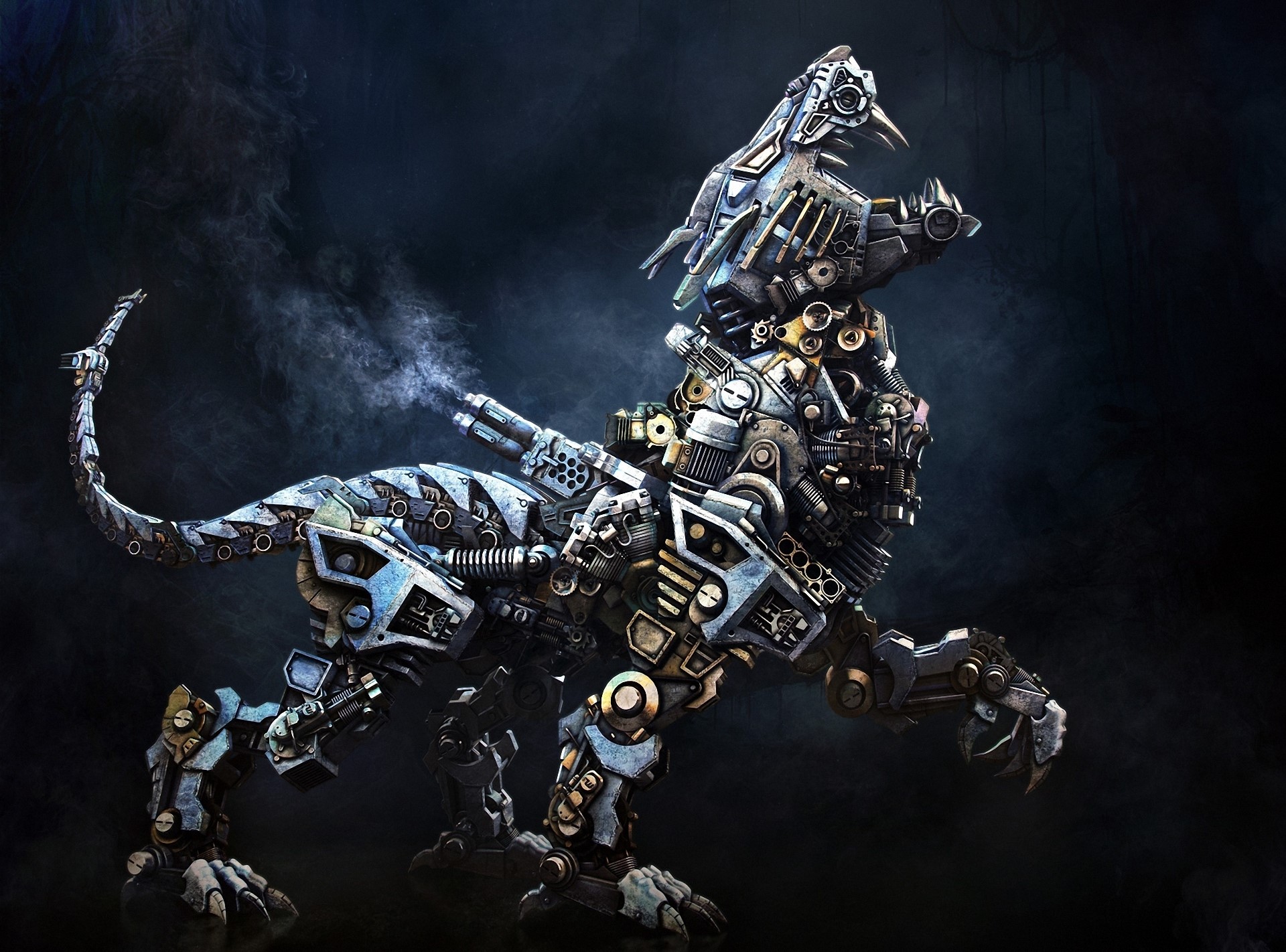 Steampunk mechanical wolf with guns HD Wallpaper