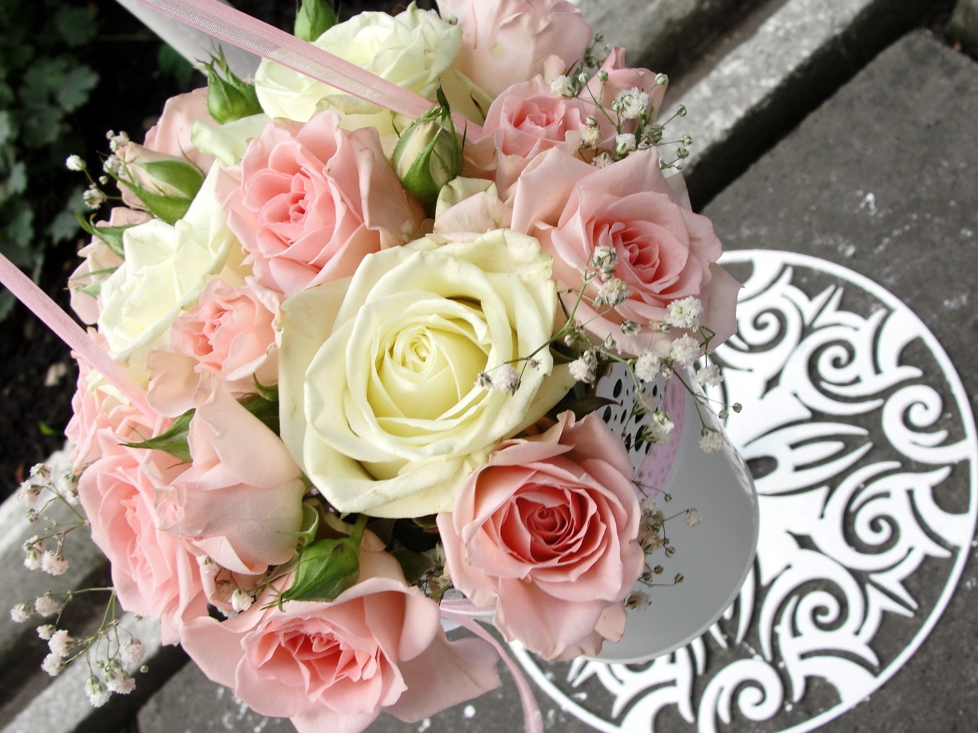 Pink and white rose bouquet with baby's breath HD Wallpaper