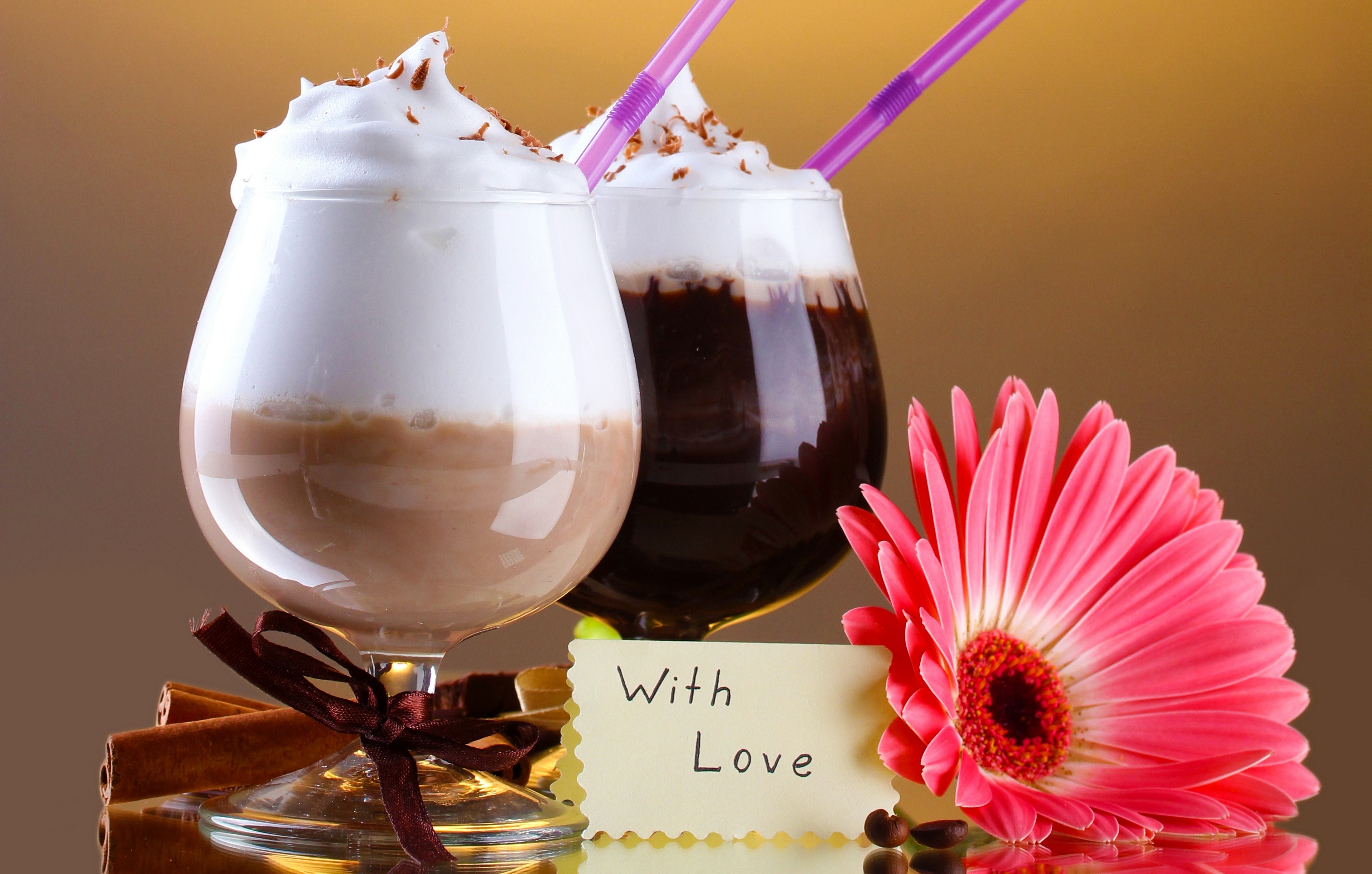 Two creamy drinks with flower and cinnamon HD Wallpaper
