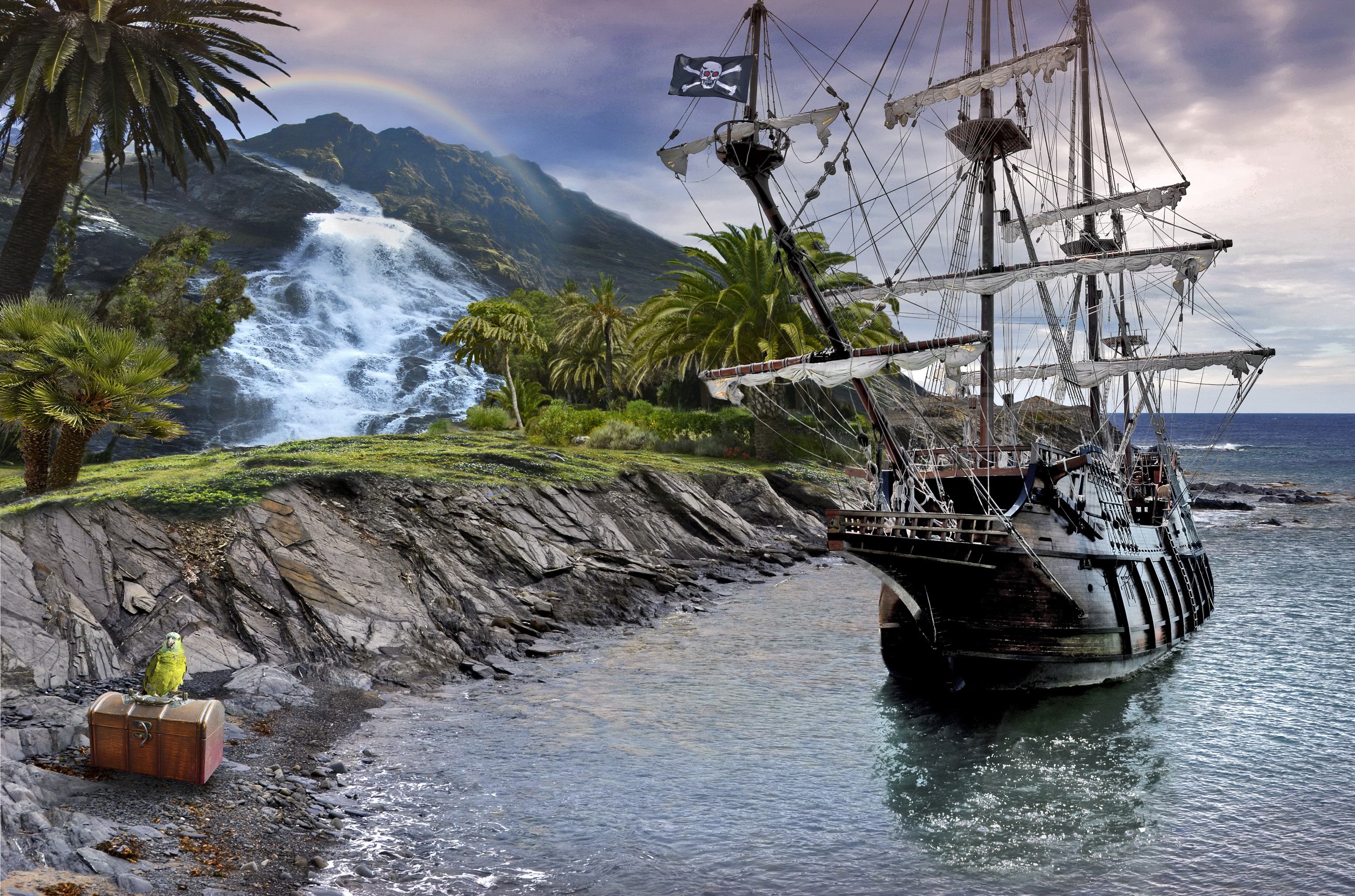 Pirate ship docked near a tropical island waterfall HD Wallpaper