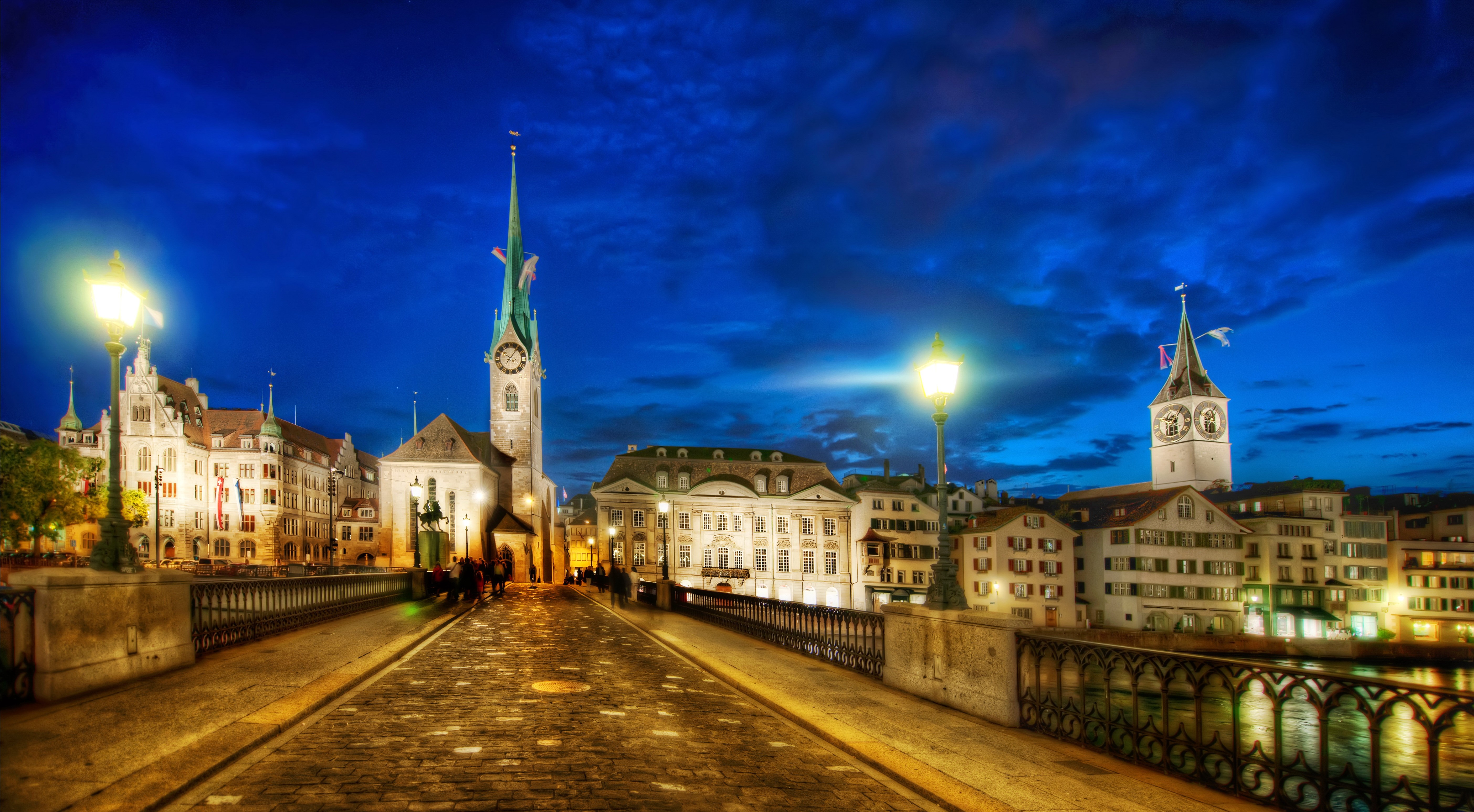 Zurich, Switzerland at night with illuminated buildings and river HD Wallpaper