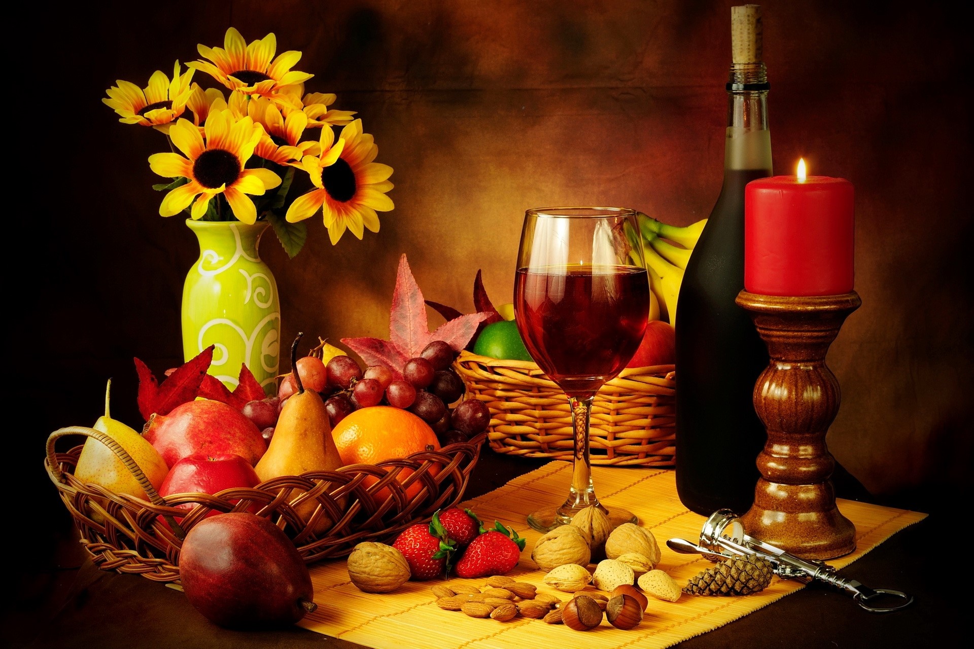 Still-life with fruit, wine, and candle HD Wallpaper