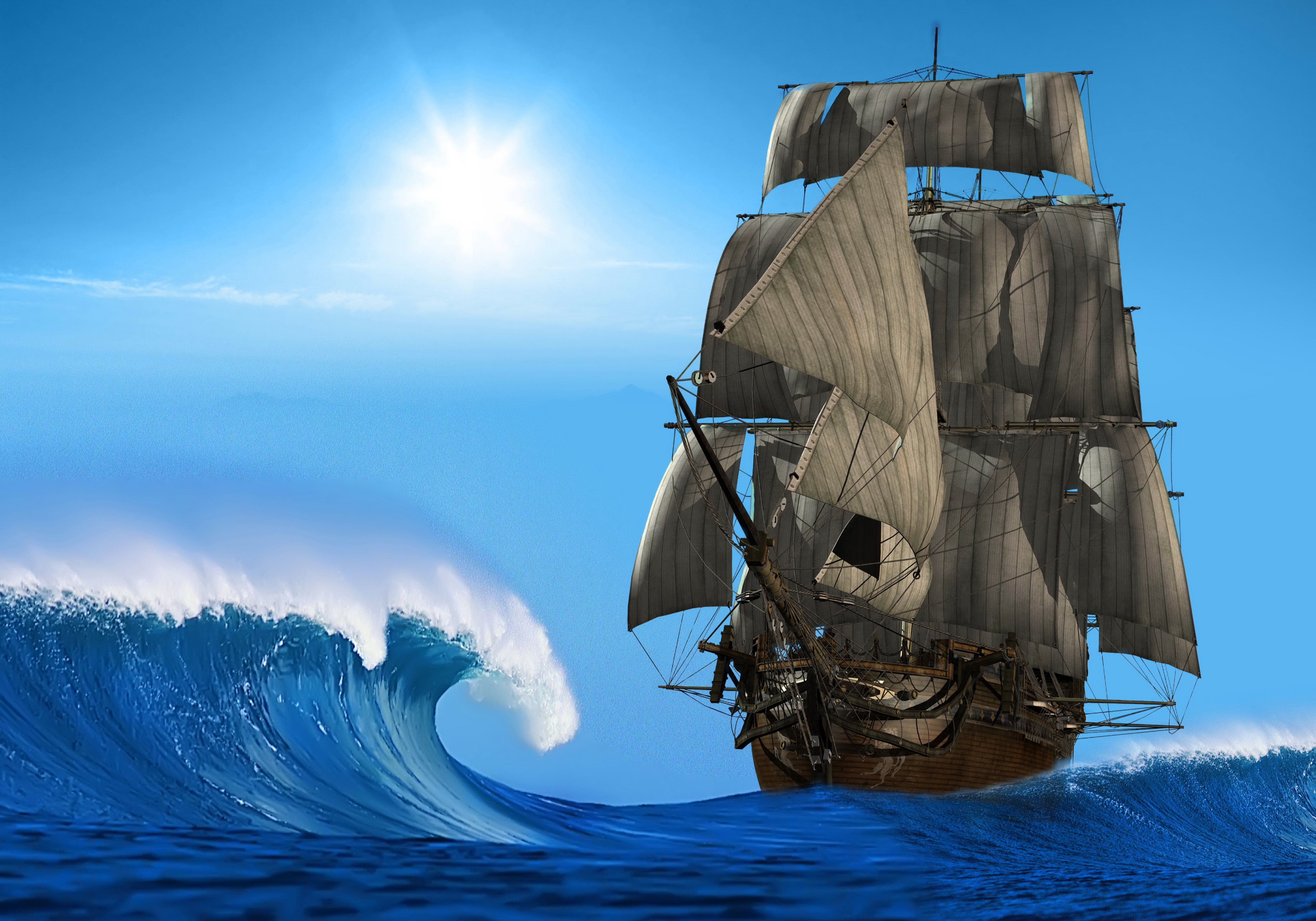 Sailing Ship on a Wave under the Sun HD Wallpaper