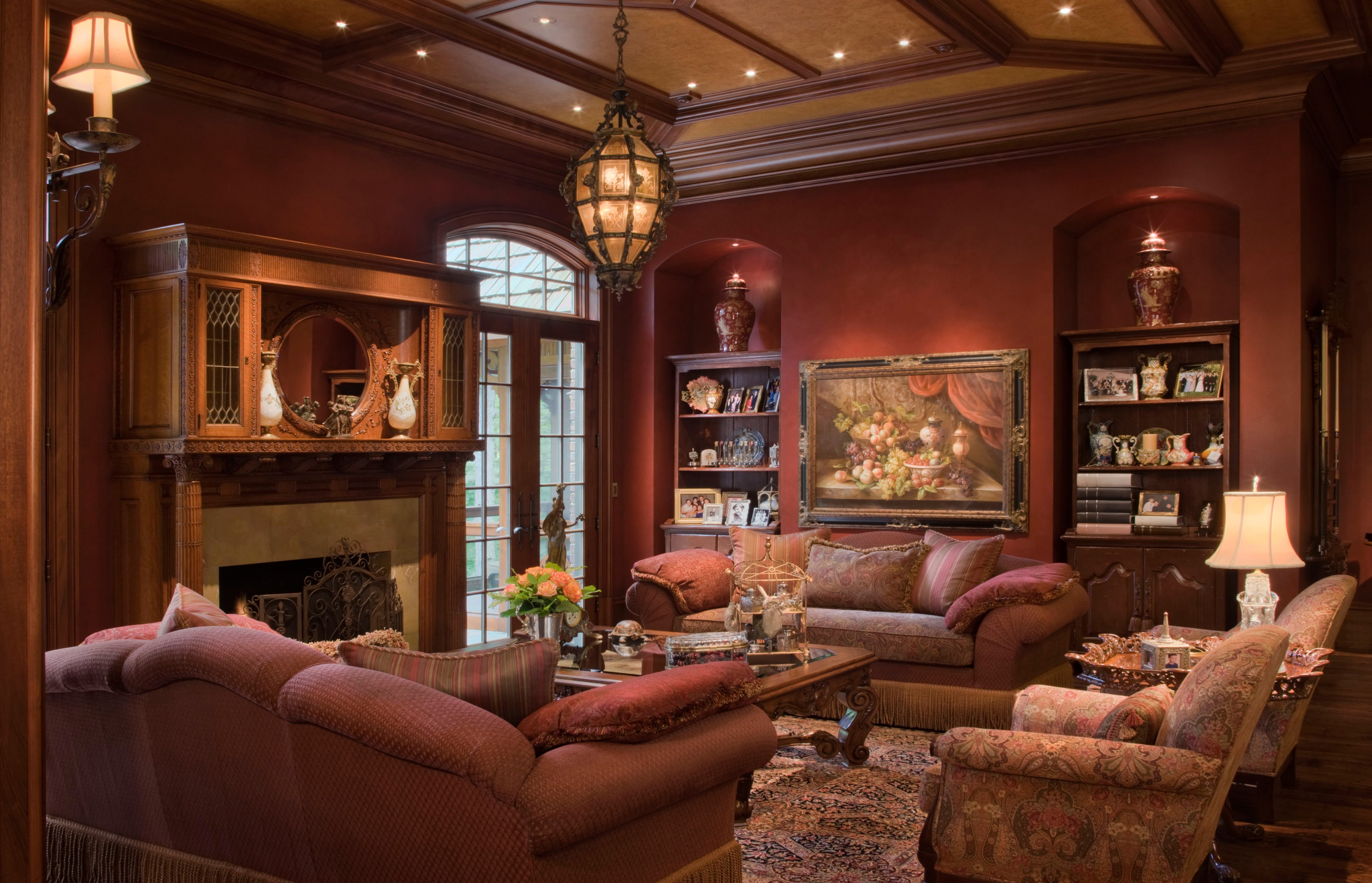 Luxurious Living Room with Fireplace and Chandelier HD Wallpaper